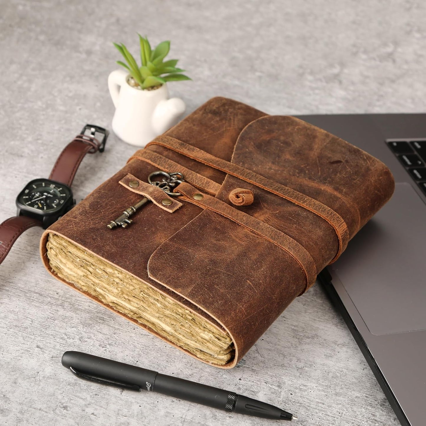 Leather Journal with Deckle Edge Paper 7x5 inch and Vintage Key | Handmade Writing Notebook Diary | Bound Daily Notepad for Men & Women Medium, Sketch/Writing pad for Artists (Brown)