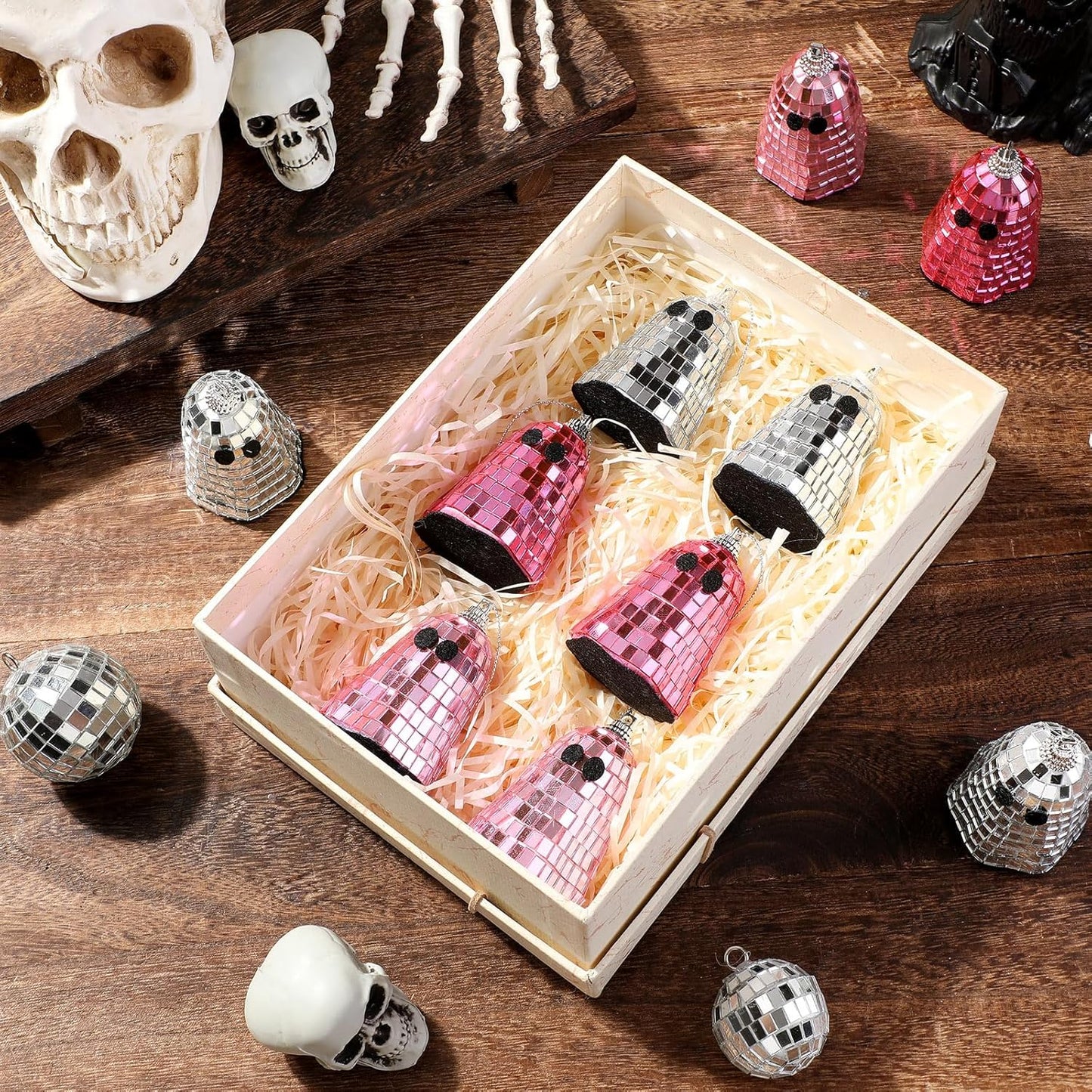 24 Pcs Halloween Disco Ghosts Decor Halloween Ornament Silver Mirror Disco Skeleton Tabletop Centerpiece for Holiday Cosplay Home Props Gift Party Decorations (Pink)