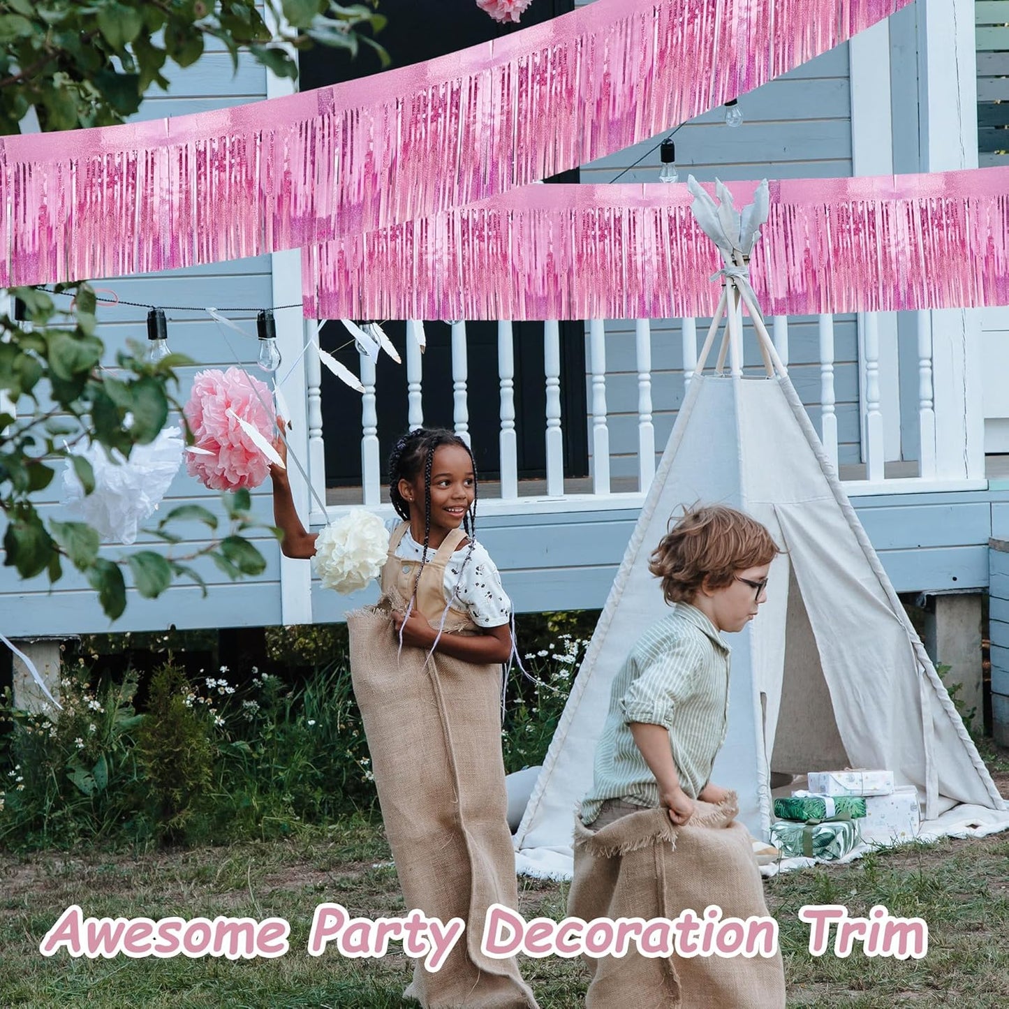 4 Pcak Each 10 Feet Glitter Pink Parade Float Decorations for Trailer Car, Glitter Foil Fringe Metallic Tinsel Streamers Banner Garland for Graduation Weeding Homecoming Birthday Party (Glitter-Pink)