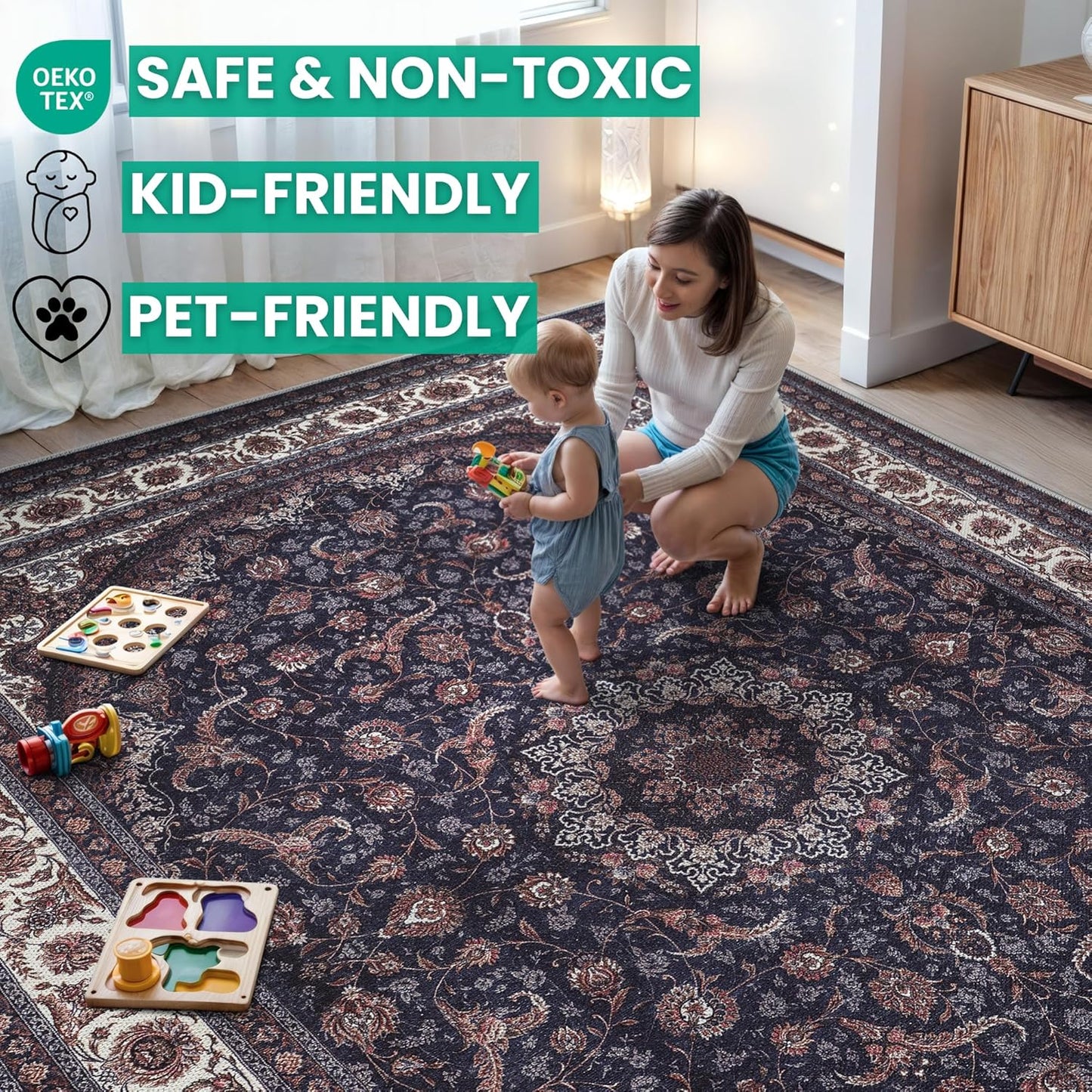 Bloom Rugs Washable Non-Slip 12 ft Runner - Navy Traditional Medallion Runner for Entryway, Hallway, Bathroom, and Kitchen - Exact Size: 2.5' x 12'