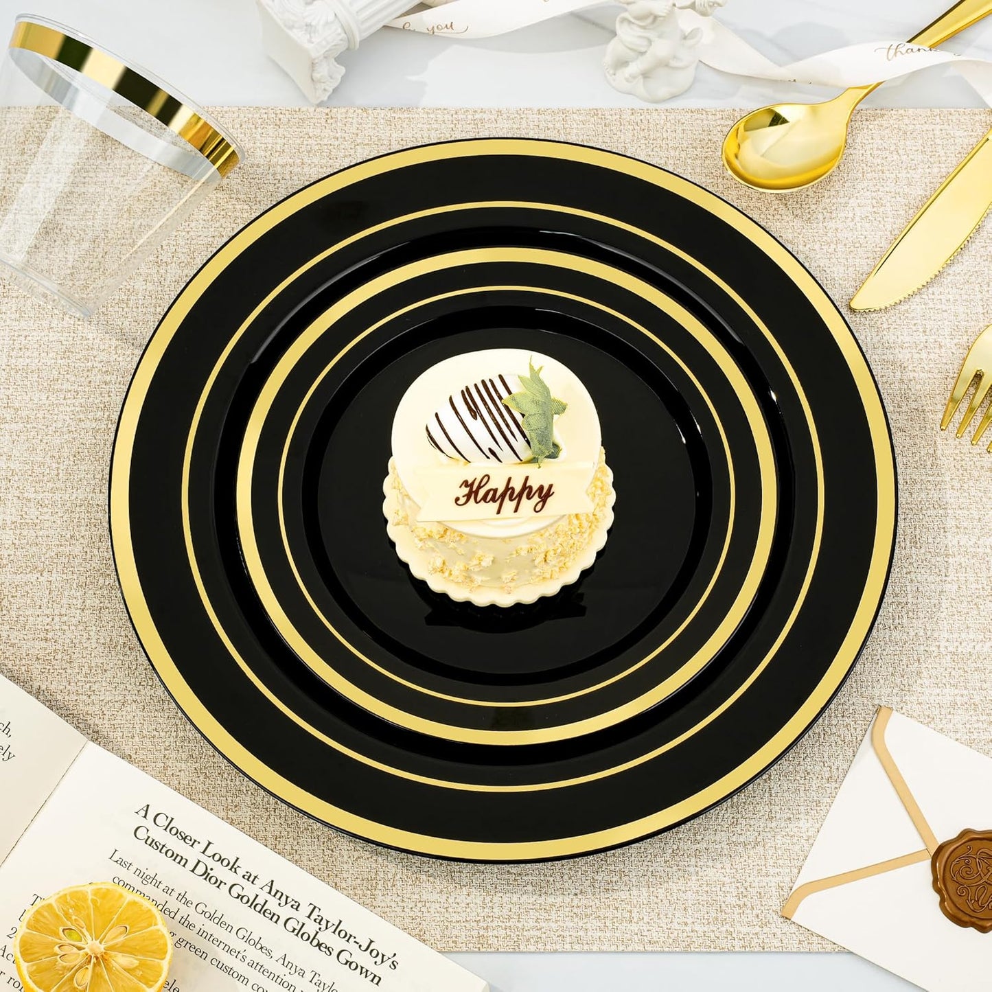 BESTVIP 600PCS Black Gold Dinnerware Set for 100 Guests, Plastic Plates for Halloween Party and Christmas, 100 Disposable Plates, 100 Dessert Plates, 100 Cups, 100 Spoons, 100 Forks and 100 Knives