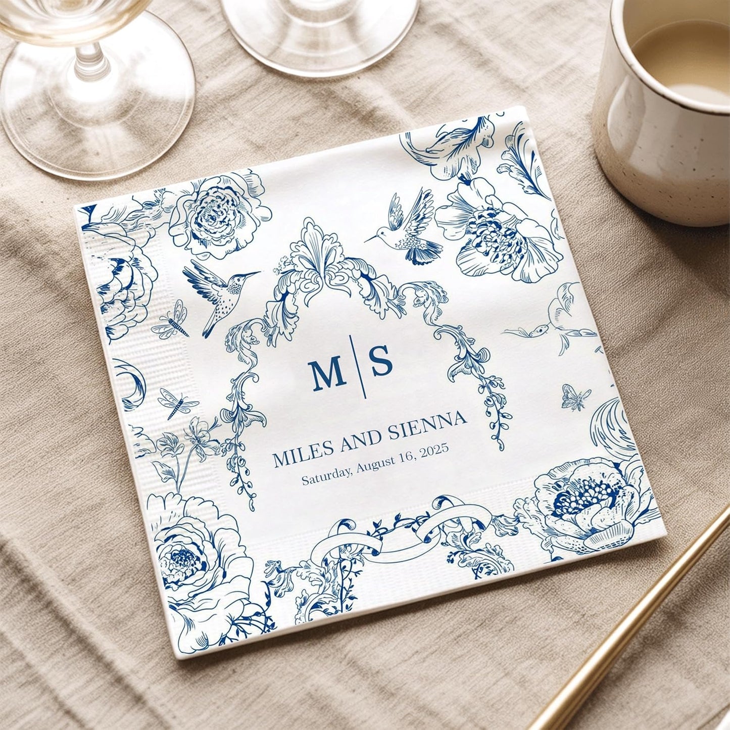 Custom Wedding Cocktail Napkins, Blue Floral Cocktail Napkins, Personalized Paper Napkin for Wedding Reception, Blue and White Flower Paper for Bridal, Engagement Party, Bridal Shower