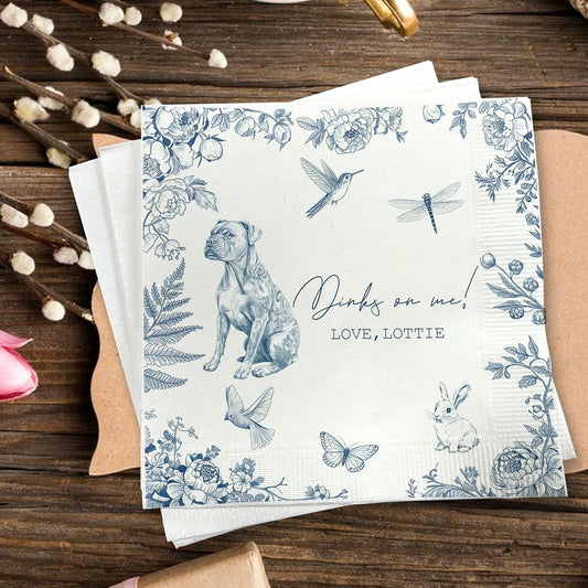 Luxury Personalized Dog Wedding Napkins, Custom Wedding Cocktail Napkins, Blue Floral Cocktail Napkin, Napkin for Pet Lovers, Anniversary, Bridal, Engagement Party, Bridal Shower