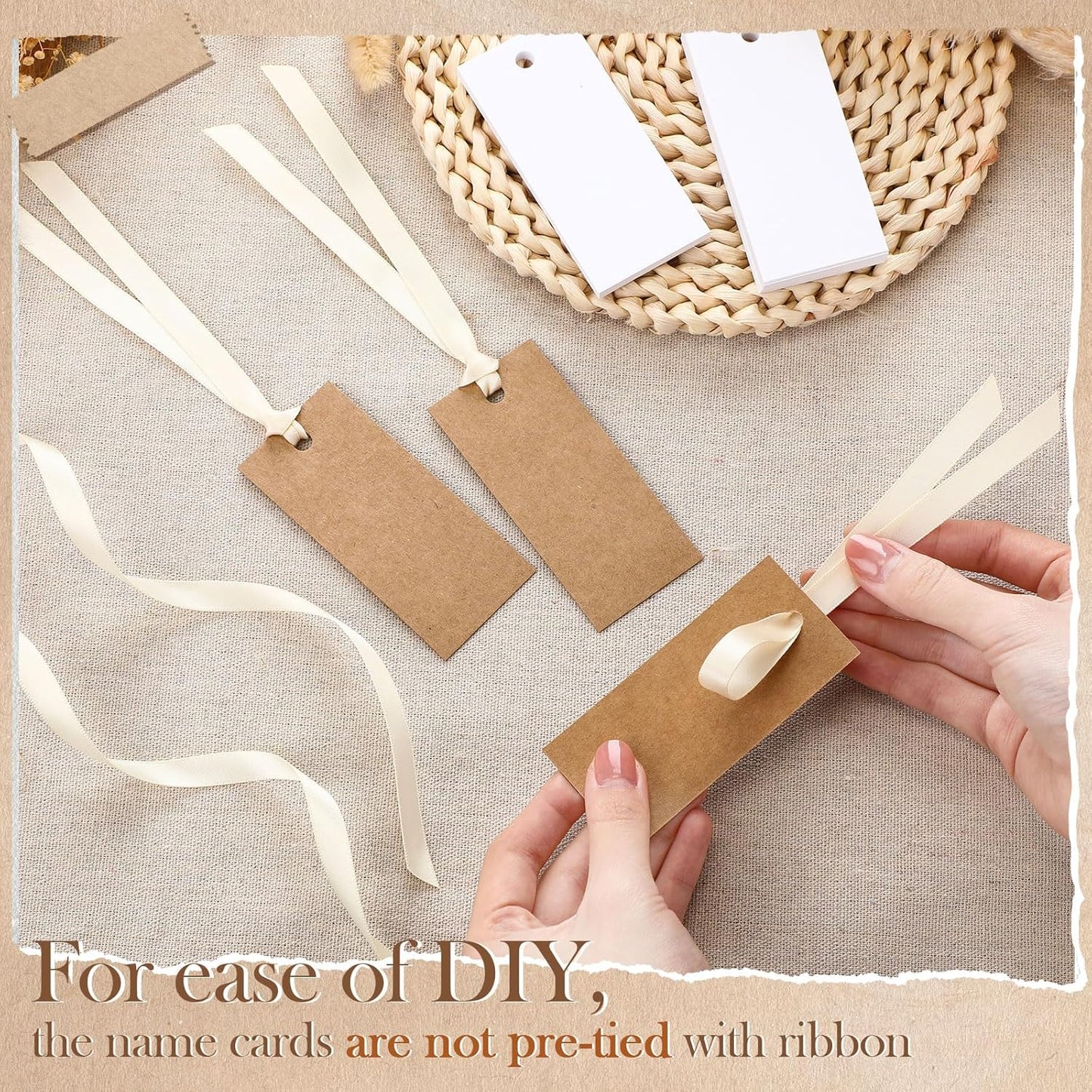 50 Pcs Name Place Cards for Table Setting Blank Wedding Place Cards with Satin Ribbon 1.57 x 3.54 Inch Hanging Gift Tags for Wedding Dinner Banquet Party Table Setting Supplies (Kraft)