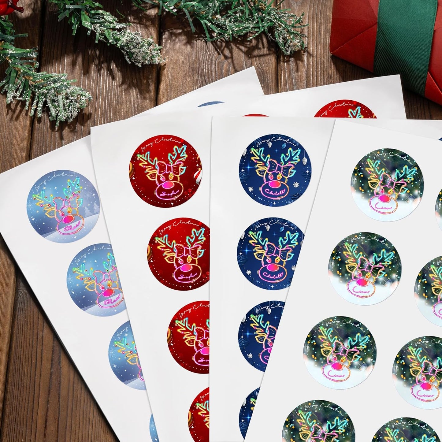 CALLIE Personalized Christmas Stickers with Custom Name, Waterproof Custom Christmas Name Tags Stickers, Peel and Stick Christmas Gift Tags (Cute Christmas Neon Reindeer)