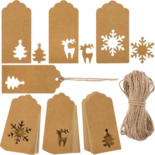 Aneco 150 Pieces Christmas Paper Gift Tags Brown Kraft Tags Hang Labels Christmas Tree Snowflake Reindeer Design with 30 Meters Jute Twine for Christmas DIY Wrapping Favor Holiday Present