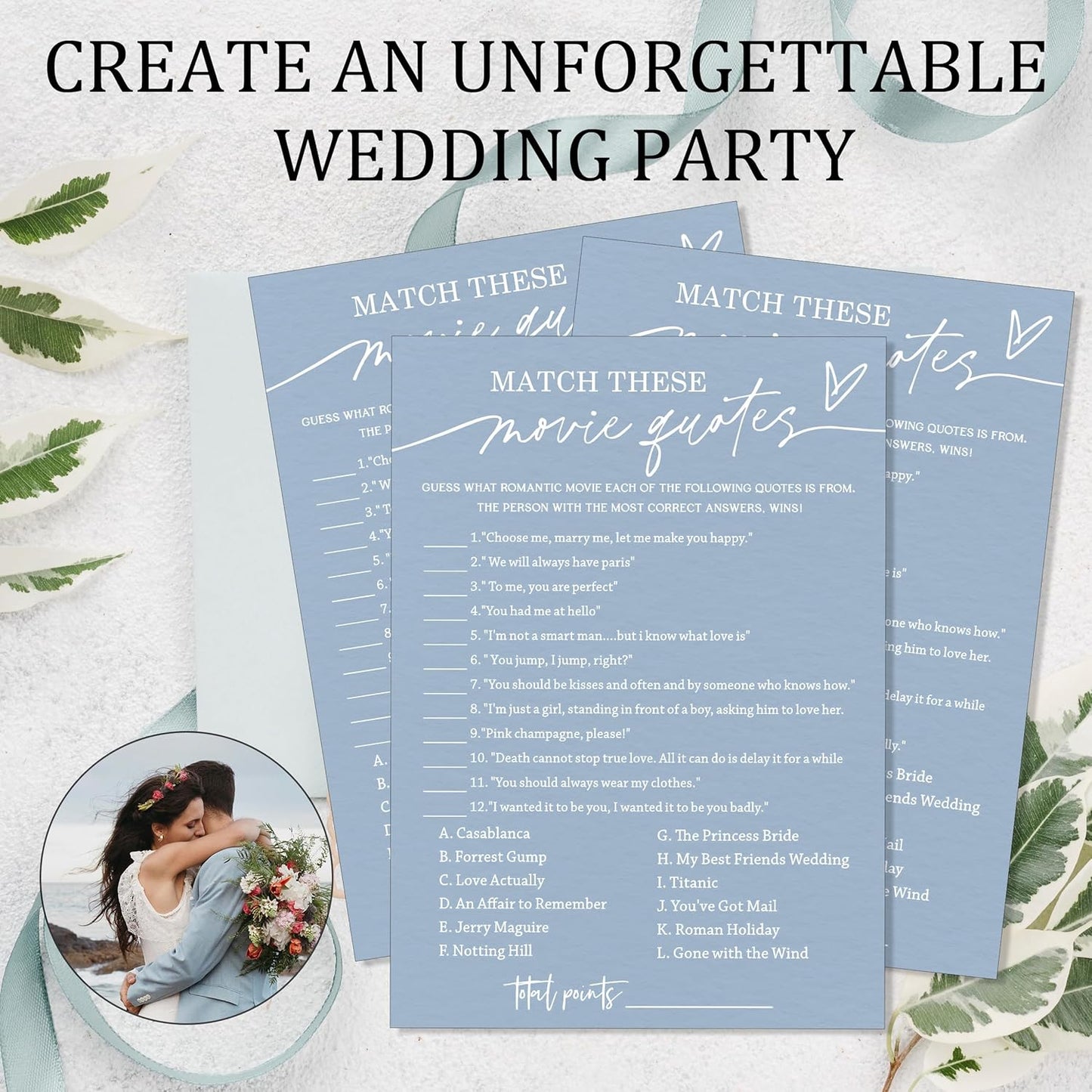 Fun Bridal Shower Games Match These Movie Quotes for Engagement Party Wedding Games 25 Game Cards with 1 Answer Card for 25 Guests Minimalist Blue Wedding Party Entertainment Supplies - B02