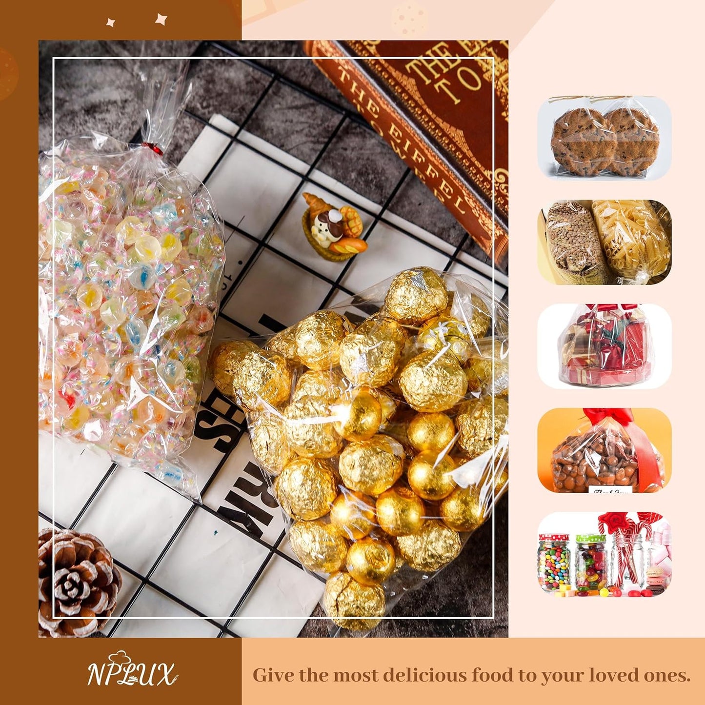 NPLUX 100 Pack Cellophane Bags Small Plastic Cookie Bag Clear Treat Bags with Twist Ties for Small Gift Party Favors, Bakery, Candy, Popcorn (8×11In)