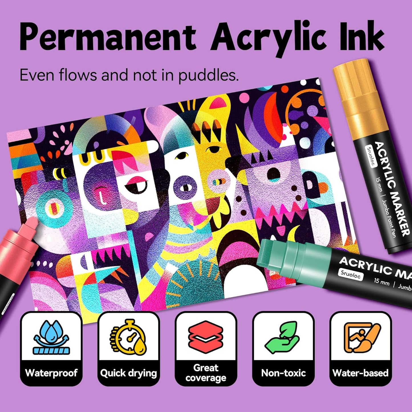 12 Metallic Colors Jumbo Markers, 15mm Jumbo Felt Tip, Acrylic Paint Markers for Rock Painting, Poster, Stone, Ceramic, Glass, Wood, Canvas