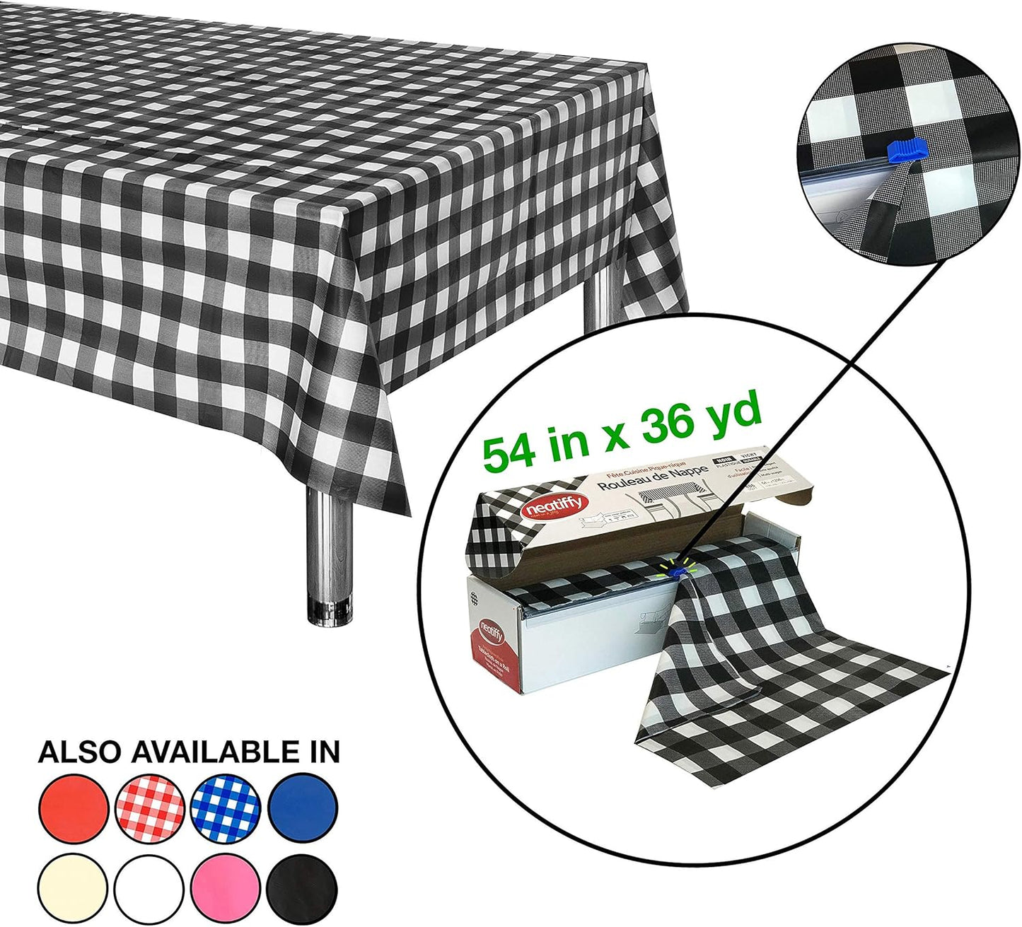 Neatiffy Disposable Plastic Table Cloth Roll | 54 in x 108 Ft Waterproof Tablecloth | Table Cover for Rectangle, Square, Round Oval Tables | Picnic, Party, Banquet, Birthdays, Weddings, BlackCheckered