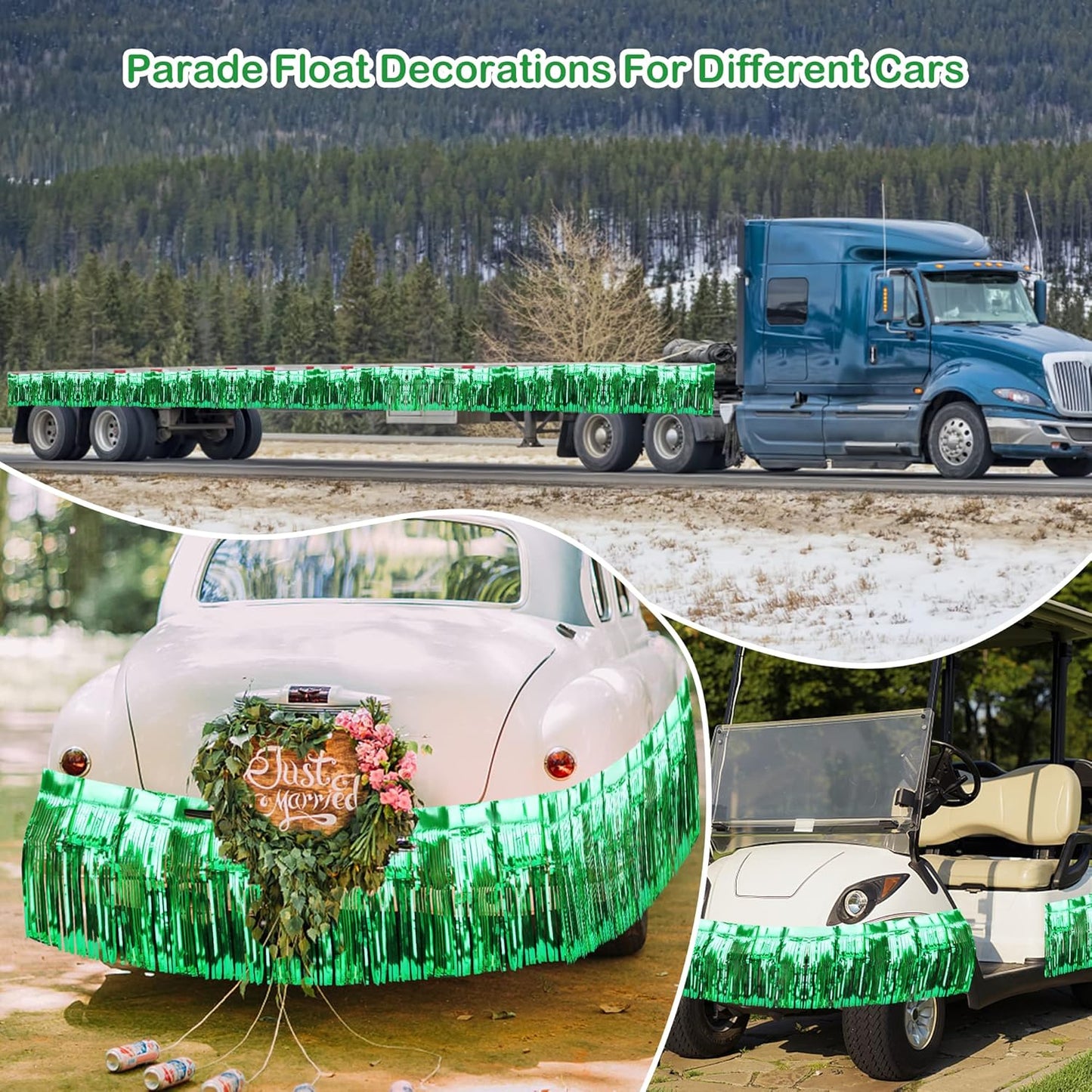4 Pack Float Fringe Curtains, Metallic Foil Fringe Garland Shiny Tassel Foil Float Parade Float Decorations for Trailer Car Graduation Homecoming Outdoor Indoor St Patrick's Party (Green)