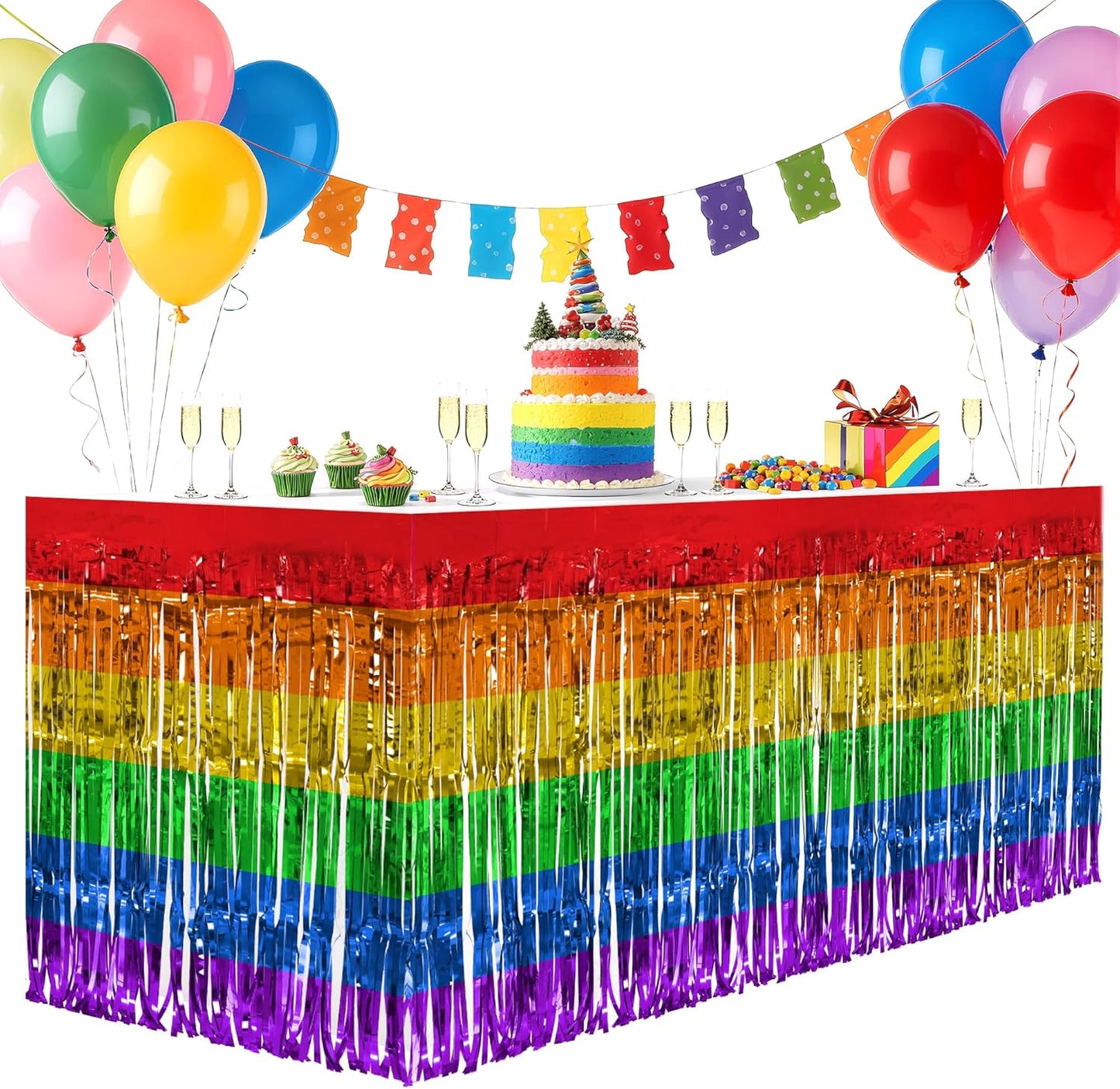 2 Pack Rainbow Table Skirts, 29x108" Metallic Foil Tinsel Fringe Table Skirts for Rectangle Tables Streamer Curtains Backdrop, Party Decorations for Birthdays Weddings Holidays