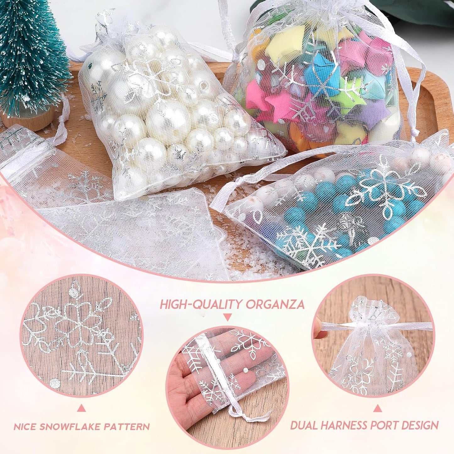 jijAcraft 5x7 Inch Christmas Organza Bags - 50Pcs White Snowflake Gift Bags with Drawstring, Xmas Party Favor Sheer Mesh Pouches for Winter Gift, Candy, Jewelry Bag