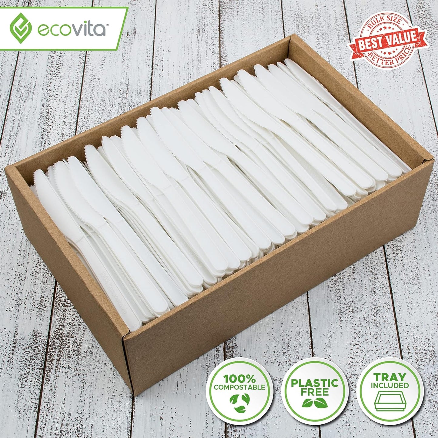 Ecovita 100% Compostable Knives - 500 Large Disposable Utensils (7 in.) Bulk Size Eco Friendly Durable and Heat Resistant Alternative to Plastic Knives with Convenient Tray