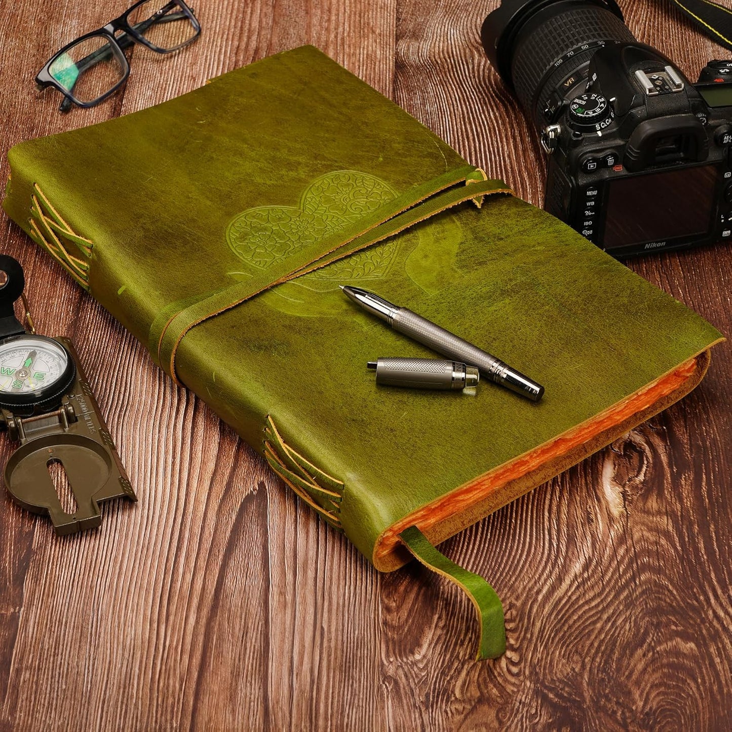 LUXEORIA Heart Journal for Women and Men, Handcrafted Leather Journal for Writing Womens, Sketchbook, Travel Diary with Unlined Deckle Paper, Mint Green 8x13