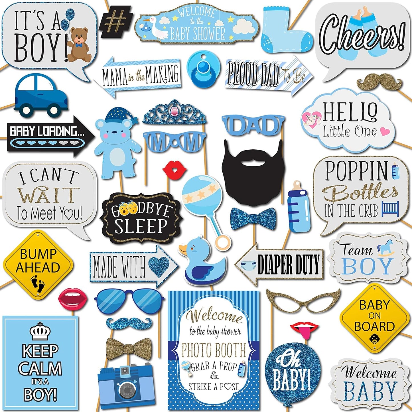 Boy Baby Shower Photo Booth Props - 41-pc Photo Booth Kit with 8 x 10-Inch Sign, 60 Glue Dots, 45 Sticks - Picture Props for Baby Shower