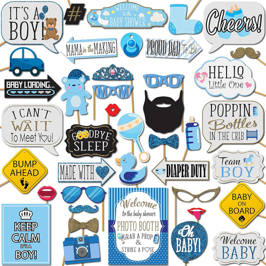 Boy Baby Shower Photo Booth Props - 41-pc Photo Booth Kit with 8 x 10-Inch Sign, 60 Glue Dots, 45 Sticks - Picture Props for Baby Shower