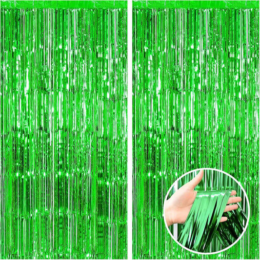CANREVEL 2 Pack 3.3x8.2 Feet Foil Fringe Backdrop Curtains, Green Tinsel Streamers Birthday Party Decorations, Fringe Backdrop for Jungle Safari Tropical Party Christmas Decorations