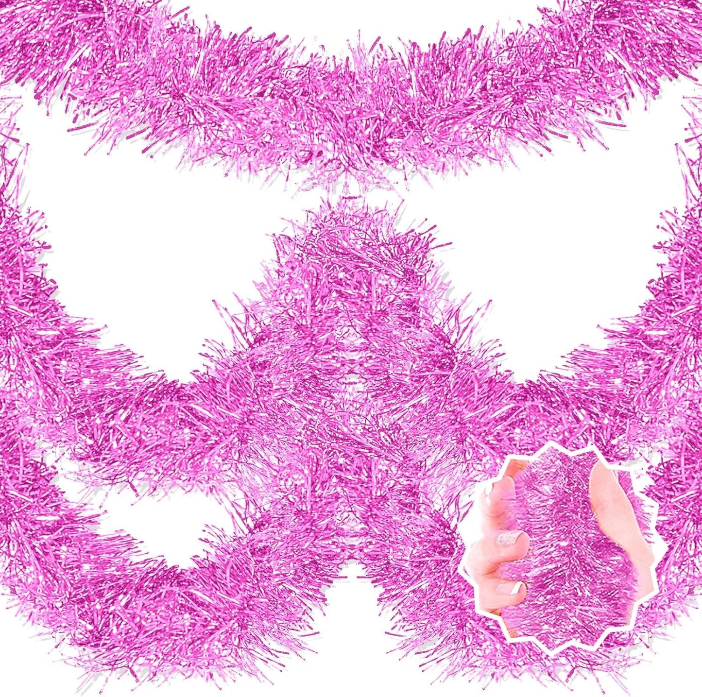 50 Feet Macaron Pink Christmas Tinsel Garland, Metallic Foil Twist Banner Wall Hanging Tinsel Streamers Backdrop for Parade Floats, Christmas, Mother's Day, Birthday Party Decorations(2in x 50ft)