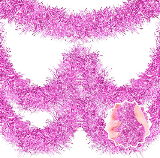 50 Feet Macaron Pink Christmas Tinsel Garland, Metallic Foil Twist Banner Wall Hanging Tinsel Streamers Backdrop for Parade Floats, Christmas, Mother's Day, Birthday Party Decorations(2in x 50ft)