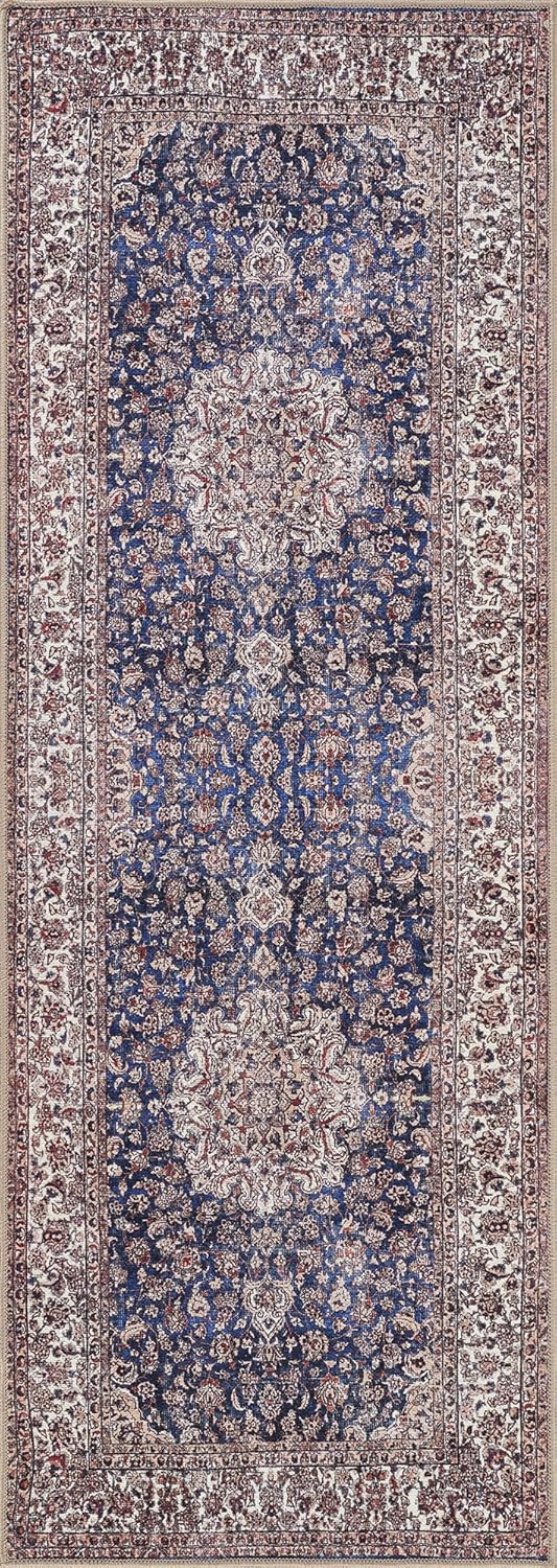 Bloom Rugs Washable Non-Slip 7 ft Runner - Dark Blue/Beige Traditional Medallion Runner for Entryway, Hallway, Bathroom, and Kitchen - Exact Size: 2.5' x 7'