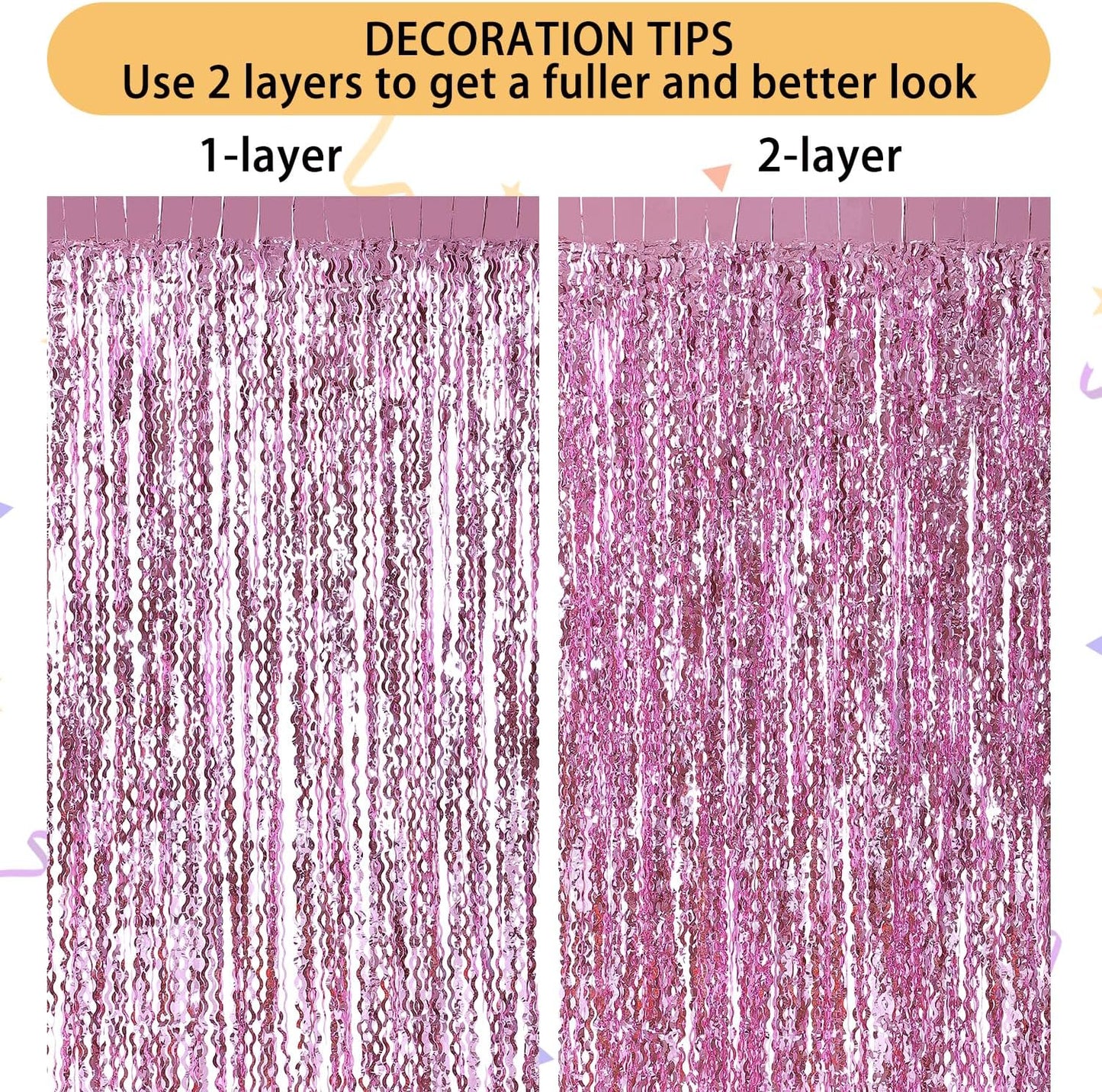 Pink Foil Fringe Curtain - Wavy Fringe Backdrop 3.3 x 6.6 Feet, Pack of 3 | Pink Streamers Party Decorations Birthday Decorations Valentine's Day Decoration Party Supplies