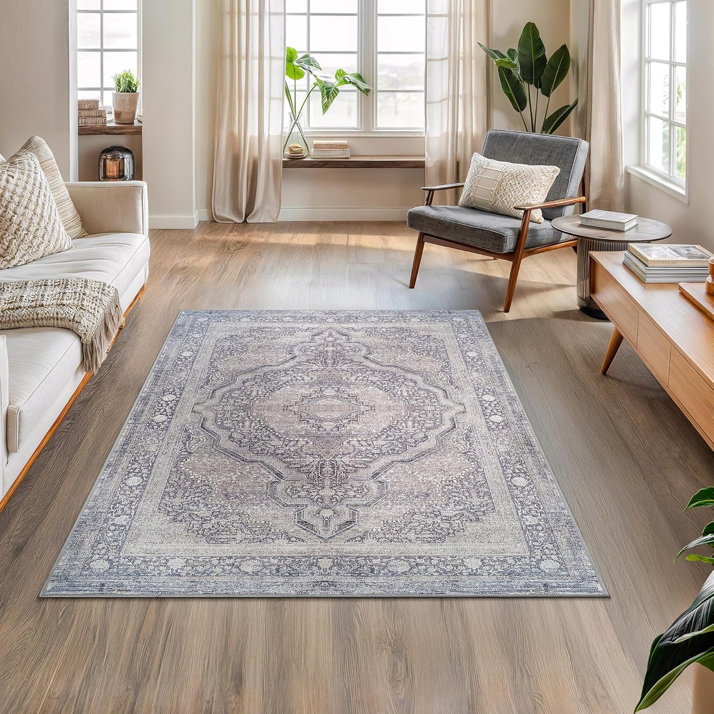 Bloom Rugs Washable Non-Slip 4' x 6' Rug - Blue/Steel Gray/Beige Traditional Medallion Area Rug for Living Room, Bedroom, Dining Room, and Kitchen - Exact Size: 4' x 6'