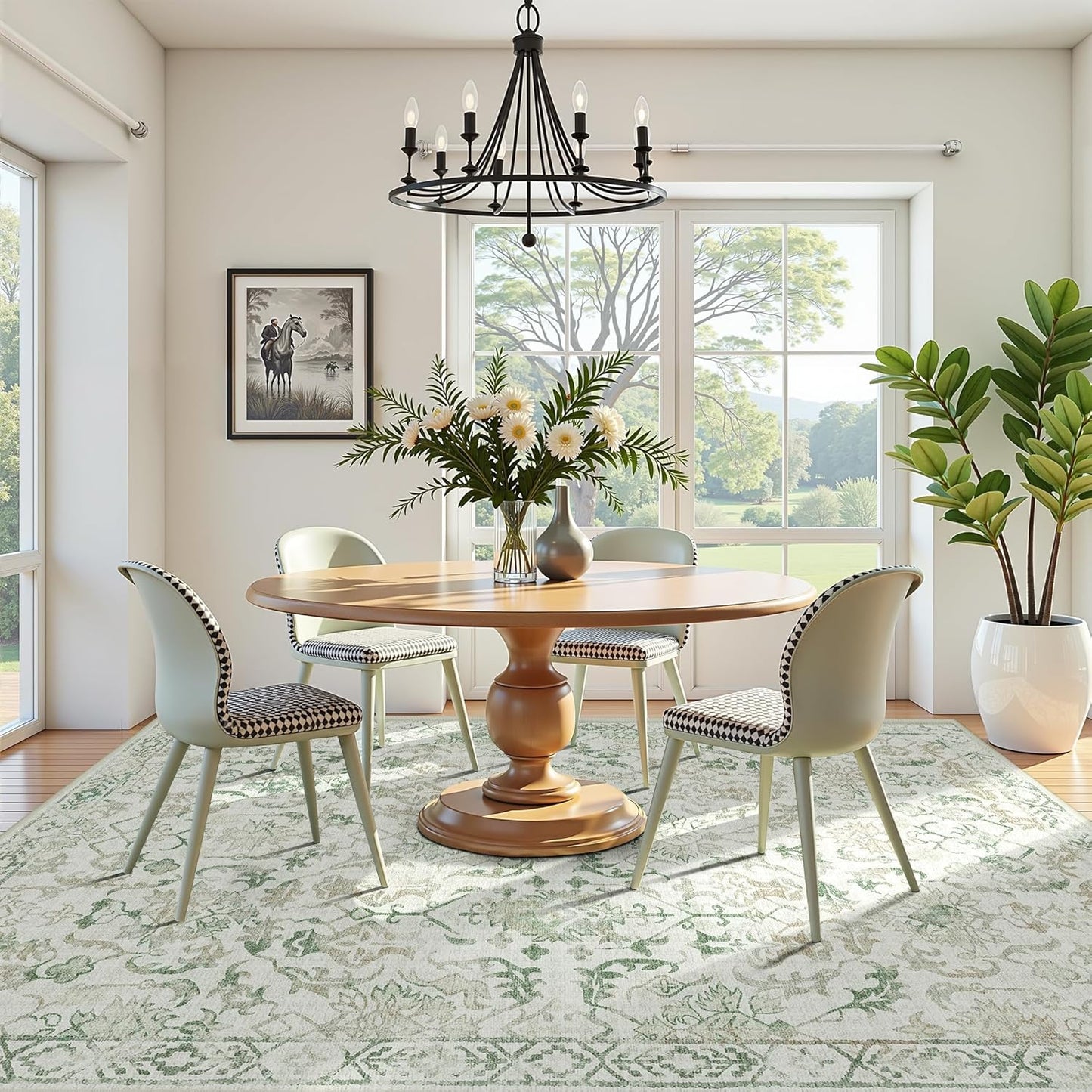 Green Vintage Area Rug 5x7 for Living Room Bedroom, Washable Distressed Farmhouse Soft Thin Non-Shedding Indoor Throw Rug, Traditional Accent Carpet for Bedroom Office