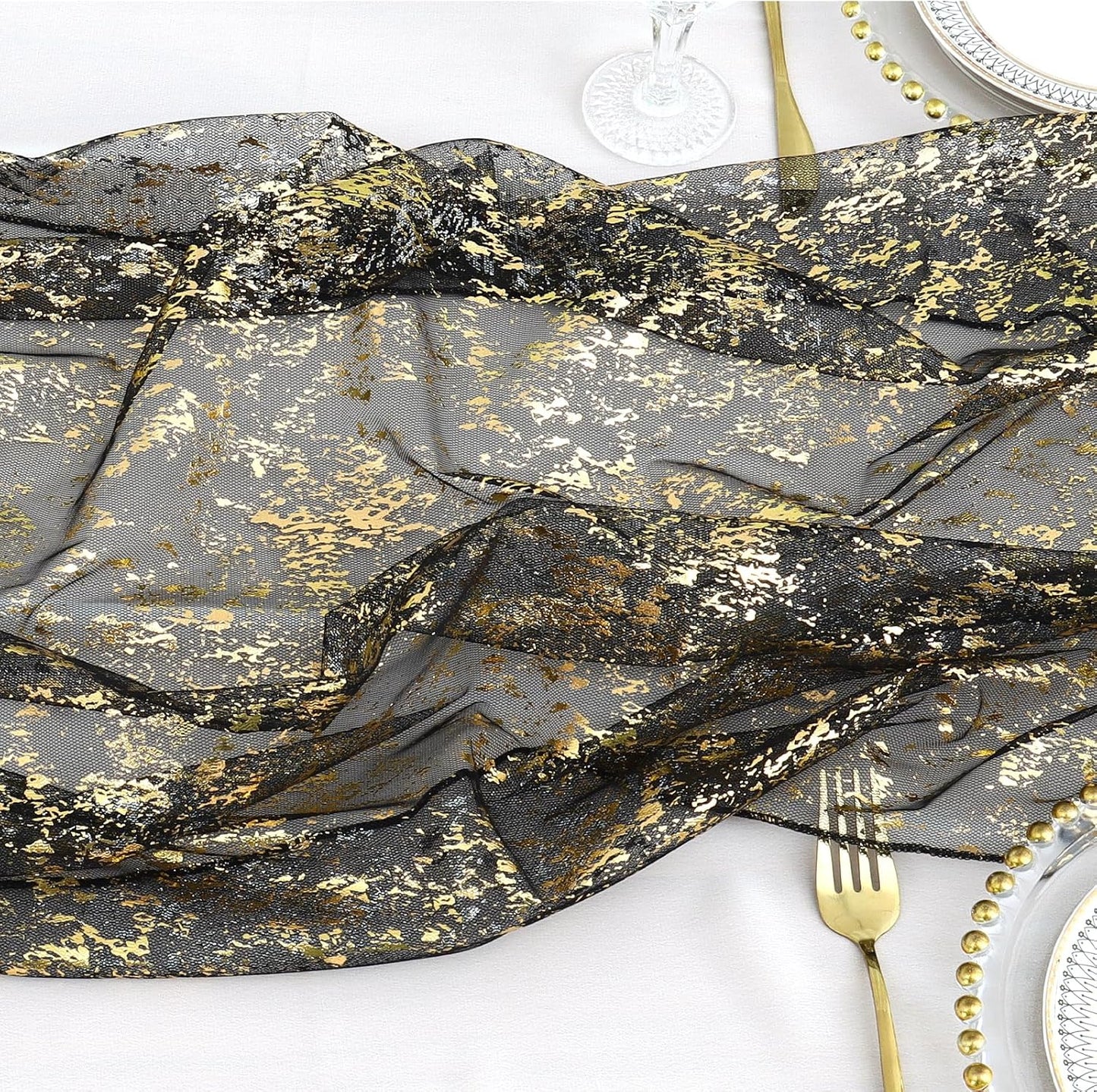 LOMOHOO 10 Ft Black Table Runner, Black Sheer Sequin Table Runners 120 Inches Long Glitter Metallic Foil Lace Fabric Table Decor for Birthday Party Wedding Anniversary Centerpiece (1pcs)