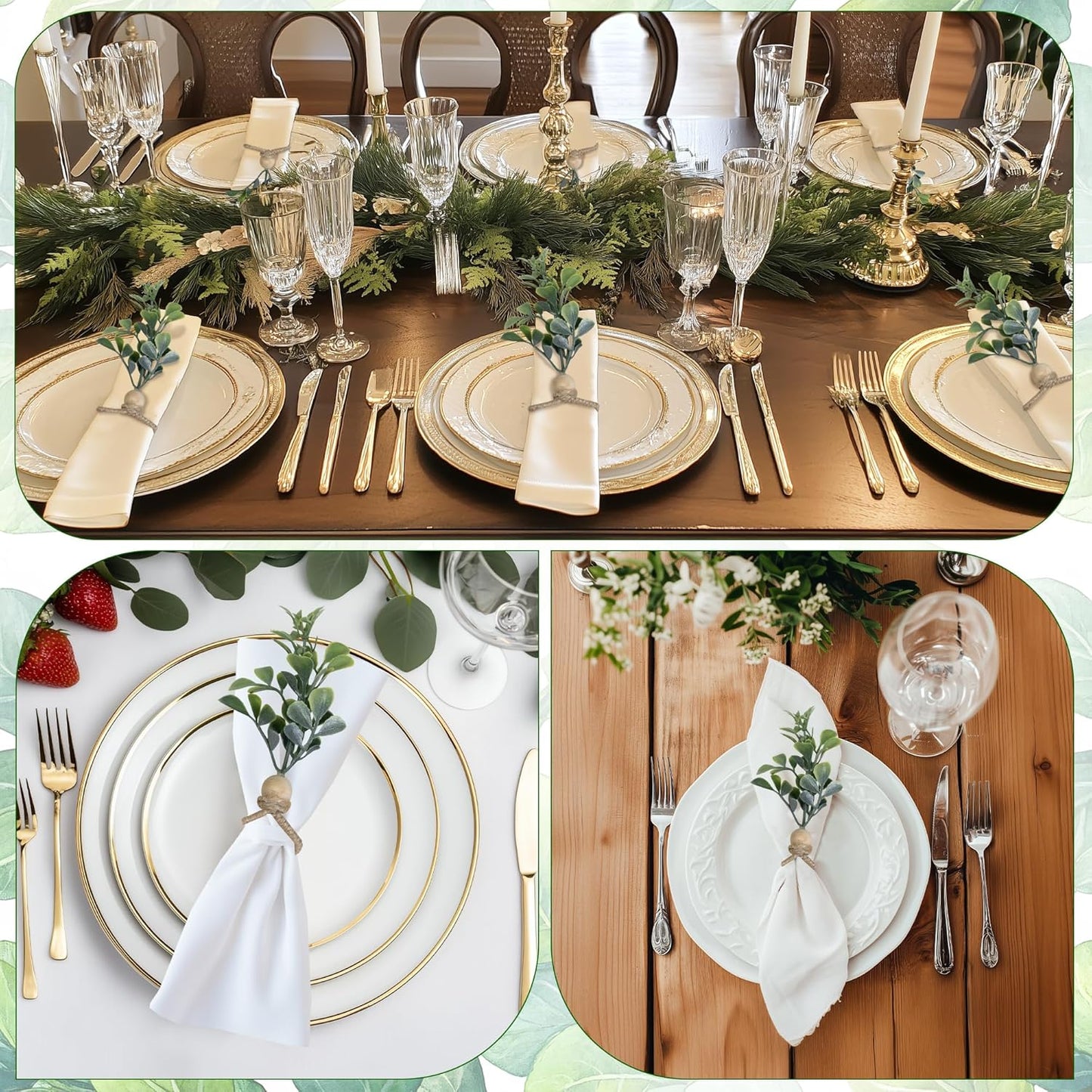 MAOANME Napkin Rings Set of 30, Rustic Eucalyptus Napkin Holder Rings with Wood Bead, Farmhouse Green Leaf Napkin Ring Bulk, Boho Napkin Ring for Wedding, Table Decor