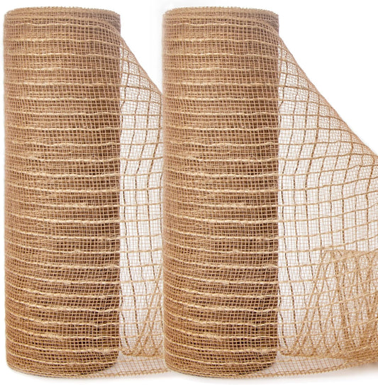 Ribbli 2 Rolls Burlap Mesh Ribbon,10 inch x 30 feet(10Yard) Each Roll,Natural with Jute,Use for Wreath Swags and Decorating