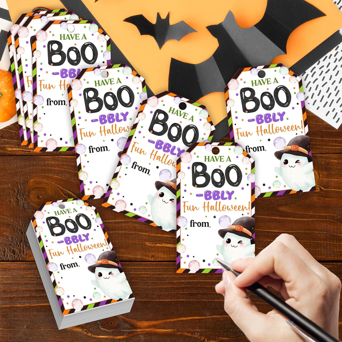 50 Pcs Halloween Tags with String, 2.1"×3.5" Ghost Paper Gifts Tags, Boo Trick or Treat for Candy, Halloween Gifts Tag Wrap for Party Favor - B07
