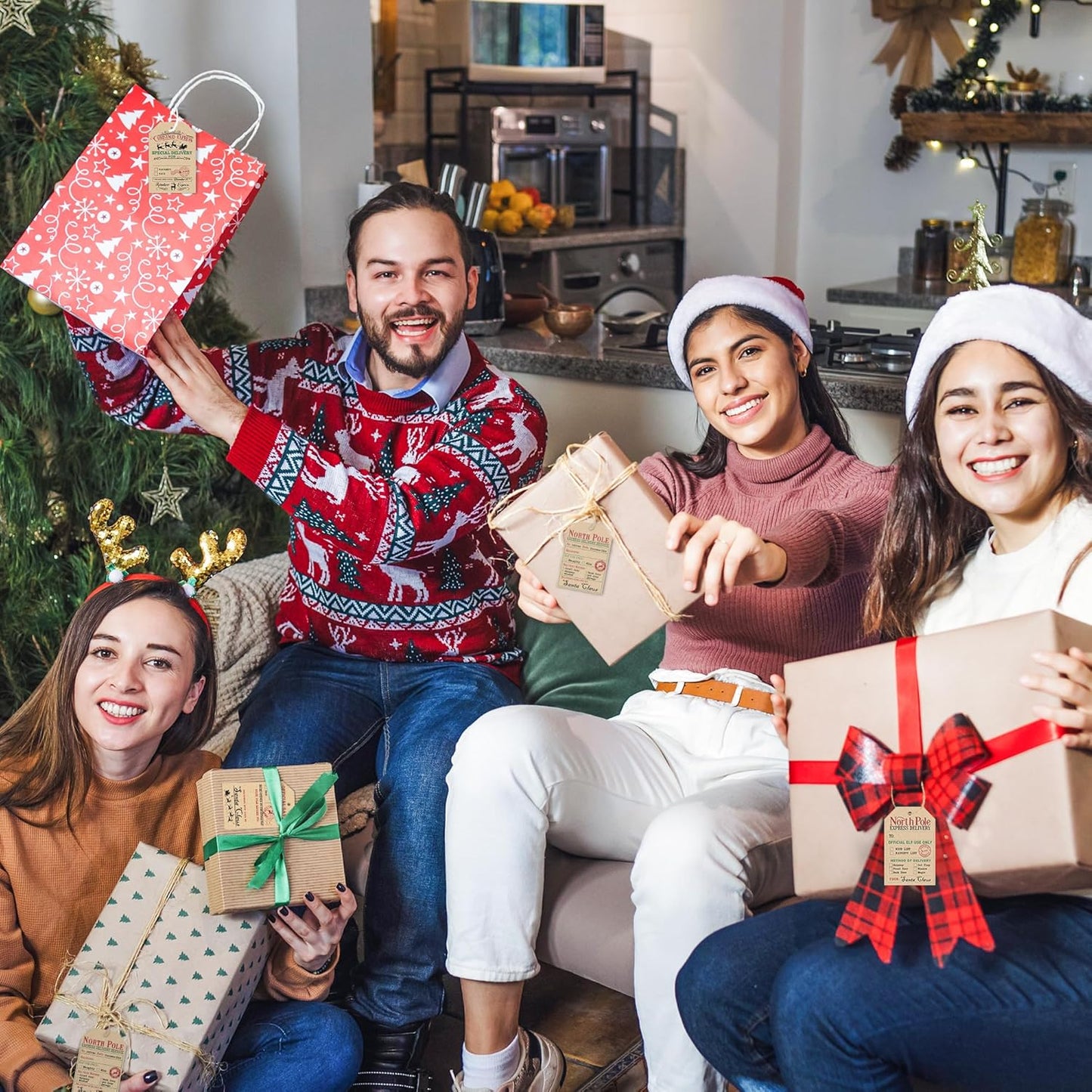 from Santa Christmas Gift Tags, 48 Kraft Labels with String (2x3”), 4 Vintage Santa Tags, Rustic Holiday Name Labels for Presents