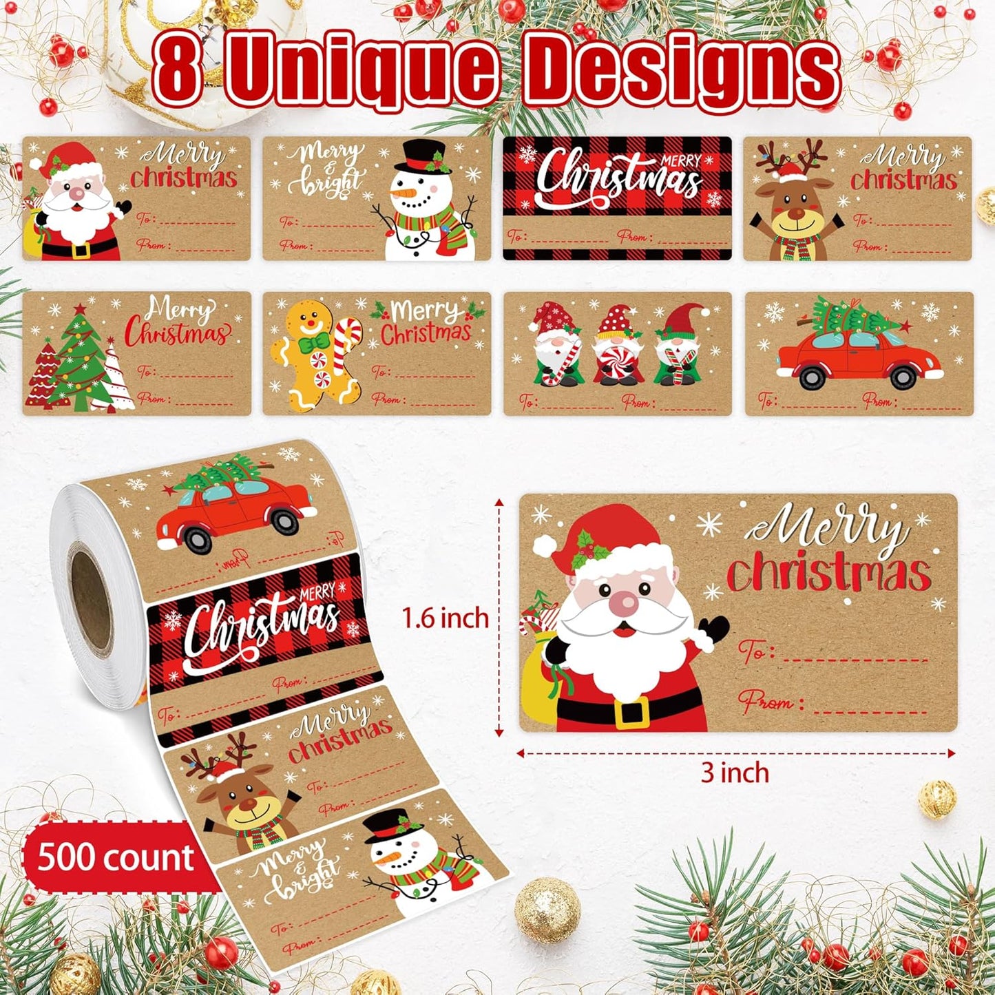 500 PCS Vintage Christmas Gift Tags,Christmas Name Tags Stickers Roll, Self-Adhesive Christmas Labels for Presents Boxes, Gift Bags,Xmas Holiday Wrapping Paper Christmas Decorations