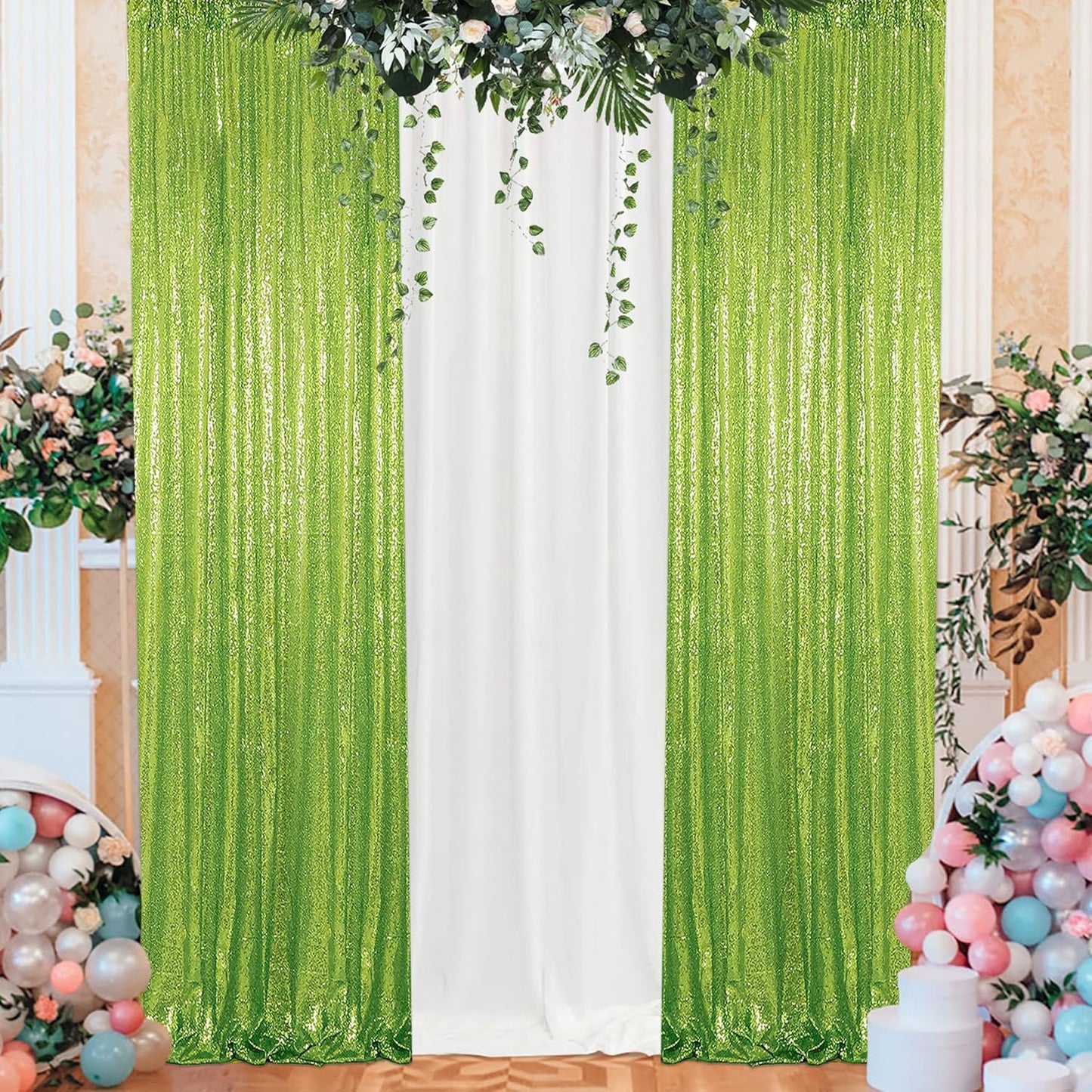 ShinyBeauty 4x10ft Olive Green Sequin Backdrop | 2 Panels Glitter Curtains for Photography, Wedding, Party, and Event Decor