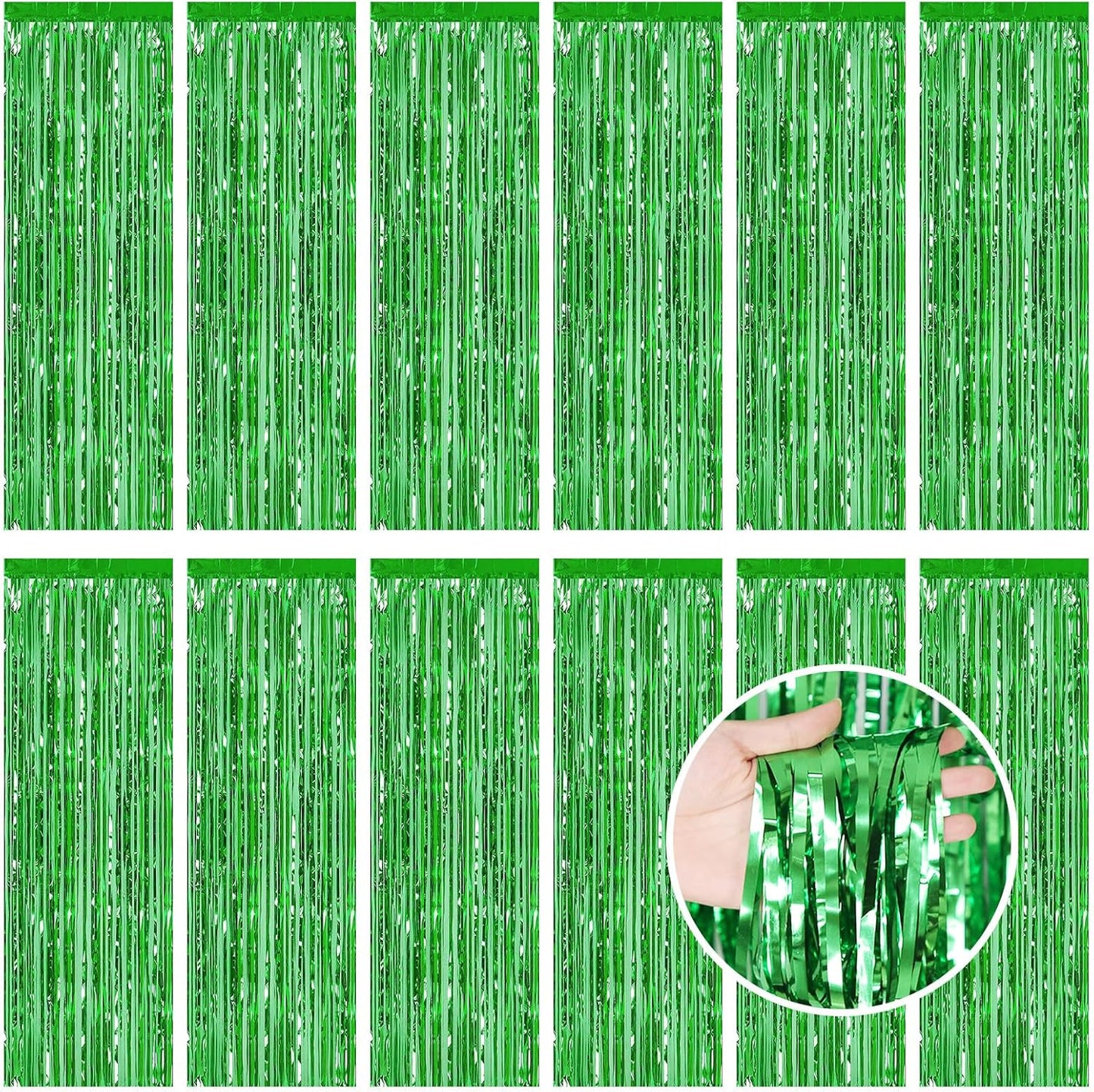 Green Fringe Curtain Party Streamers, 12 Pack 3.3ft x 8.2 ft Foil Curtain Backdrop Tinsel Foil Fringe Curtains Photo Booth Backdrop Streamer for Birthday, Wedding, Baby Shower, Disco Party