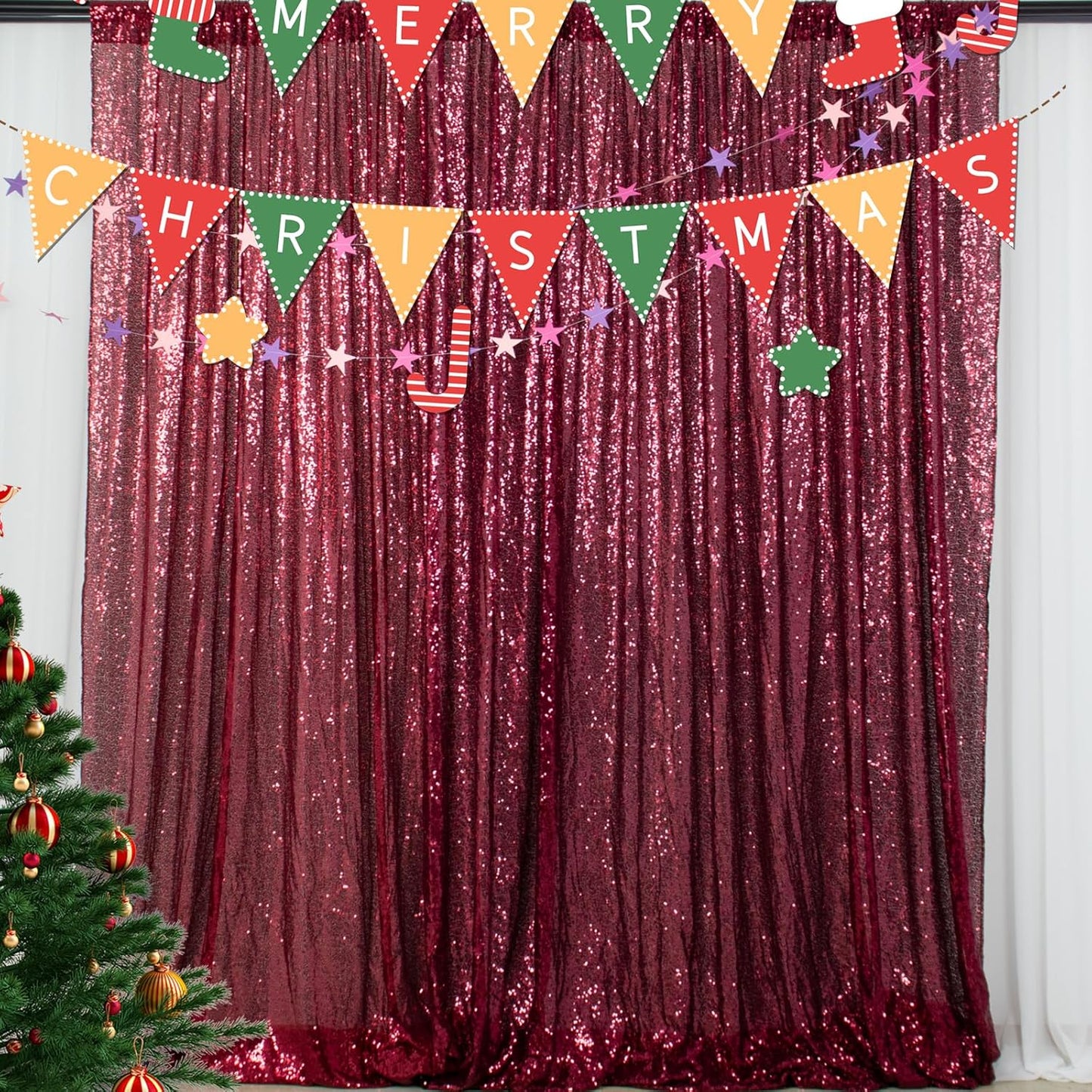 ShiDianYi 8FTx10FT Burgundy Sequin Glitter Backdrop Curtain - Sparkling Photo Booth Background for Weddings, Christmas Parties, Bridal Showers