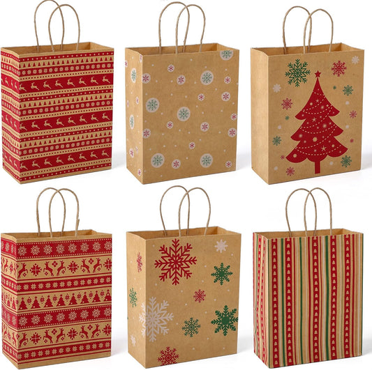 MESHA Christmas Gift bags 24Pcs 8.6x7x3.3'' Kraft Paper Bags with Handles Bulk for Gifts Holiday Xmas Goodie, Party Favors, Candy, Treat