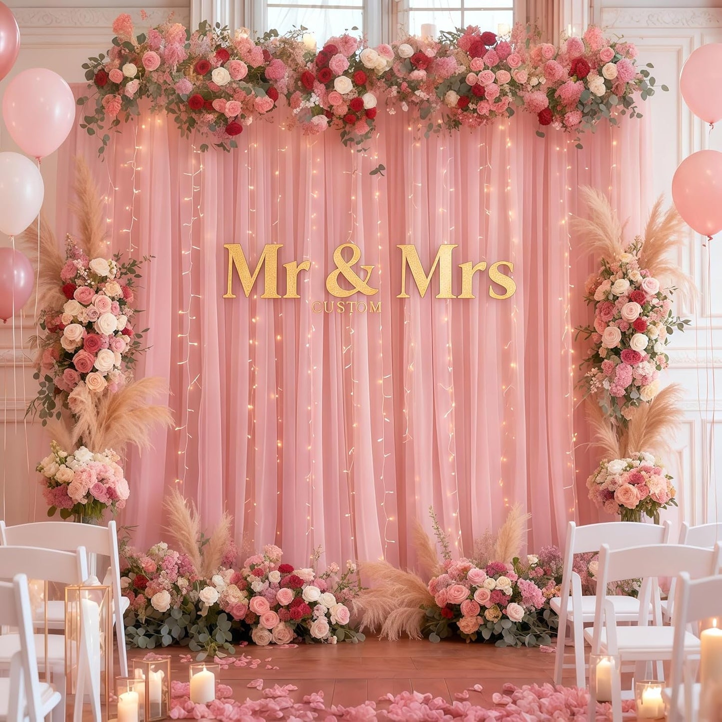 10×10ft Dusty Rose Tulle Backdrop Curtain with Lights String for Parties, Sheer Photo Curtain Backdrop Drapes for Wedding Party Photography Backgrounds