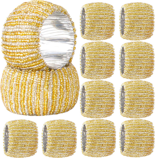 Decorative Beaded Napkin Rings Set of 12 - Rhinestone Serviette Holder for Table Décor, Christmas, Thanksgiving, Weddings, Parties, Artisan Festive Luxury Dining Napkin Holders (Yellow) - CLEENTABLE