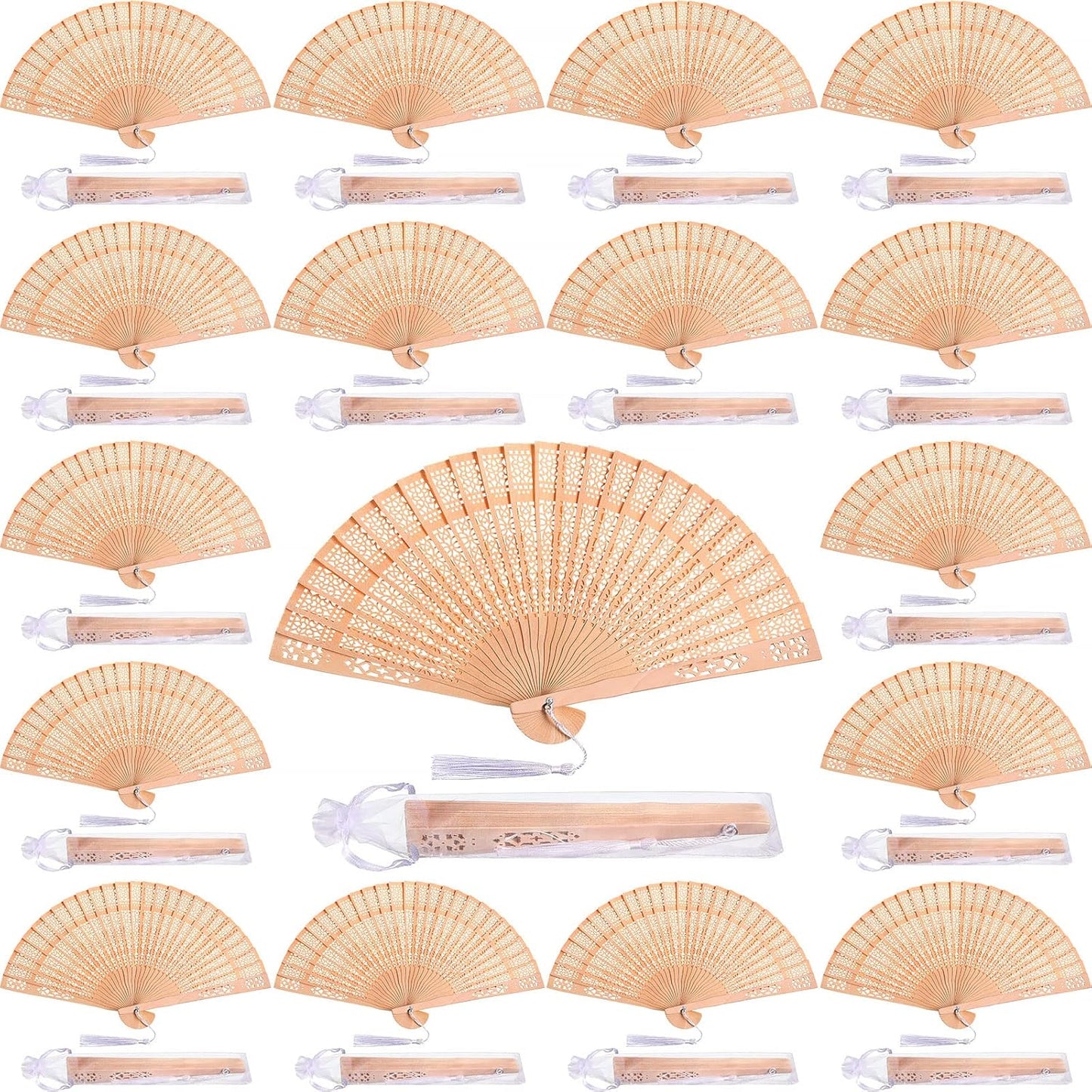 Qunclay 60Pcs Wooden Hand Fans Folding Wedding Fans for Guest Chinese Hollow Pattern with White Tassel and Gift Bag for Wedding Bridal Shower Birthday Party Favors Gift and Home Decor(Delicate Style)