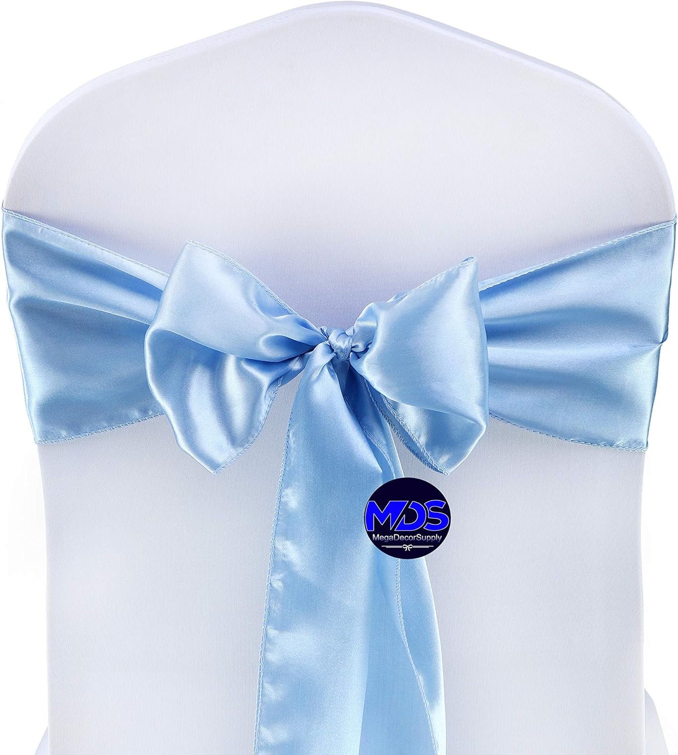 MDS Pack of 150 PCS Satin Chair Sashes Charmeuse Sateen Dining Chair Bows Ribbon Ties Back Sash for Wedding Party Birthday Home Hotel Restaurant Banquet Decoration (7 x 108 Inch, Baby Blue)