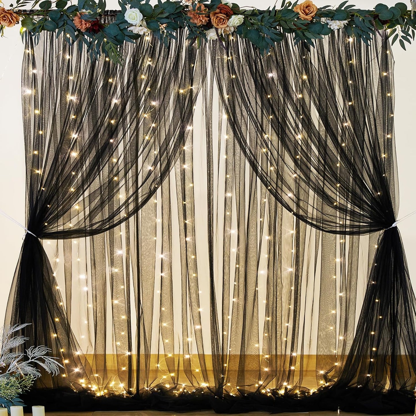 Black Sheer Backdrop Curtains with Lights String for Parties Birthday 10ft × 8ft Black Tulle Backdrop Curtain for Baby Shower Wedding Graduation Halloween Party Photo Shoot Decorations