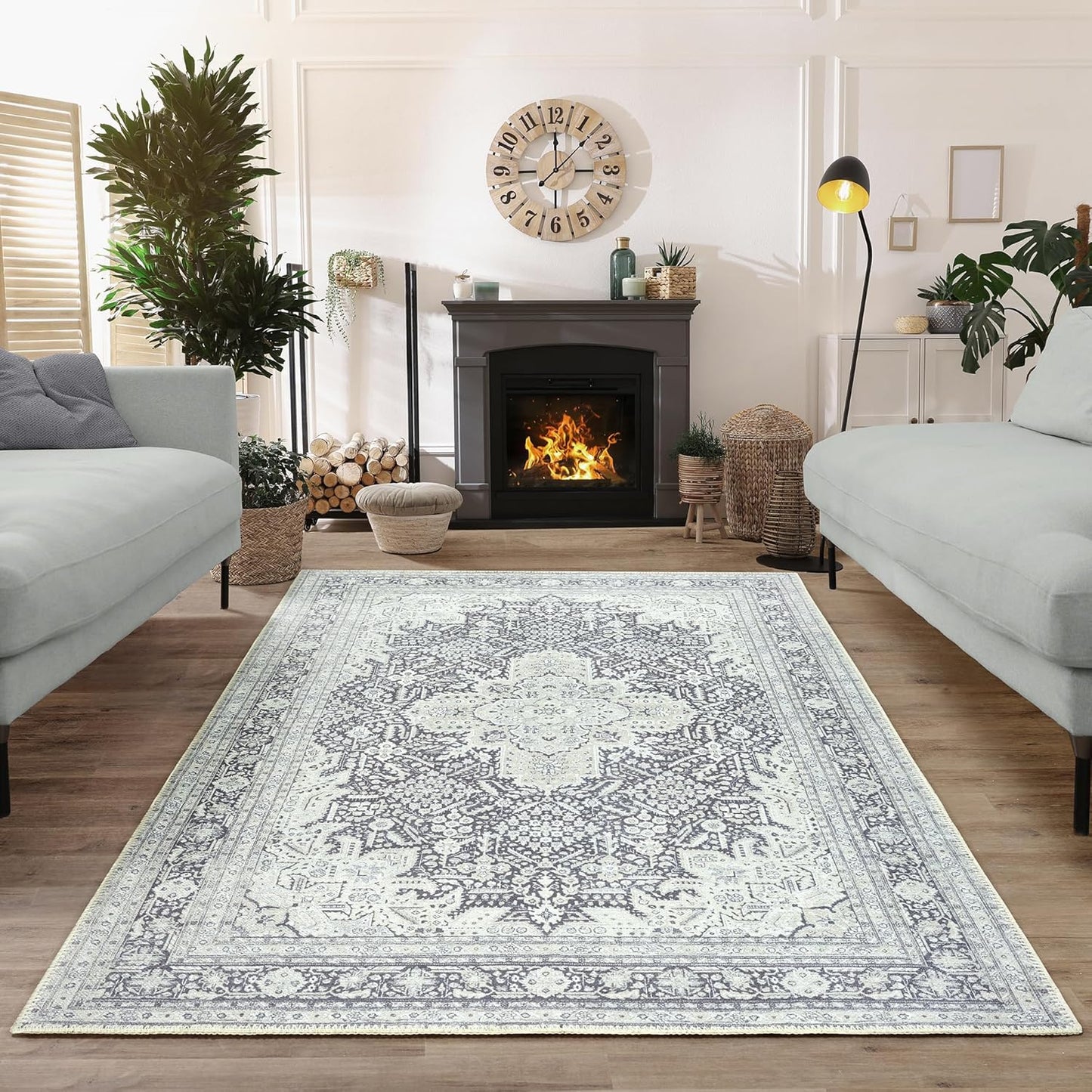 Bloom Rugs Washable Non-Slip 4' x 6' Rug - Charcoal Blue Traditional Medallion Area Rug for Living Room, Bedroom, Dining Room, and Kitchen - Exact Size: 4' x 6'