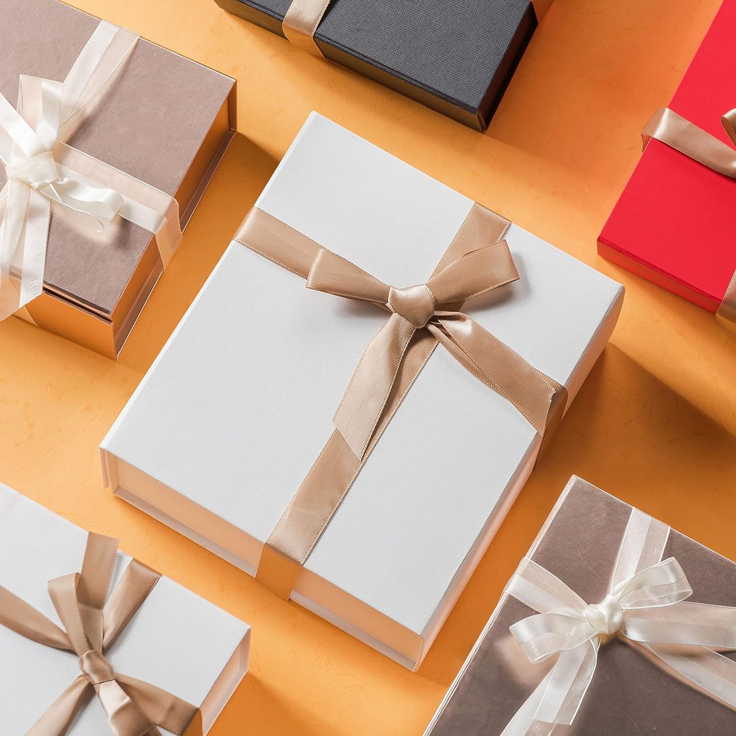 LIFELUM Christmas Gift Boxes with Lids for Presents 5 Pack White Gift Boxes 13.85 x 8.35 x 4.45 inch Large Gift Box Contains Card,Sticker,Ribbon, Shredded Paper Filler for Anniversary, Weeding Gifts