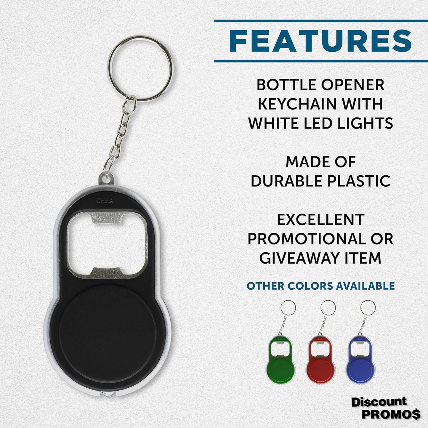 Bottle Opener & LED Keychains Set of 10, Bulk Pack - Perfect for Tradeshows, Party Favors, Other Events - Black