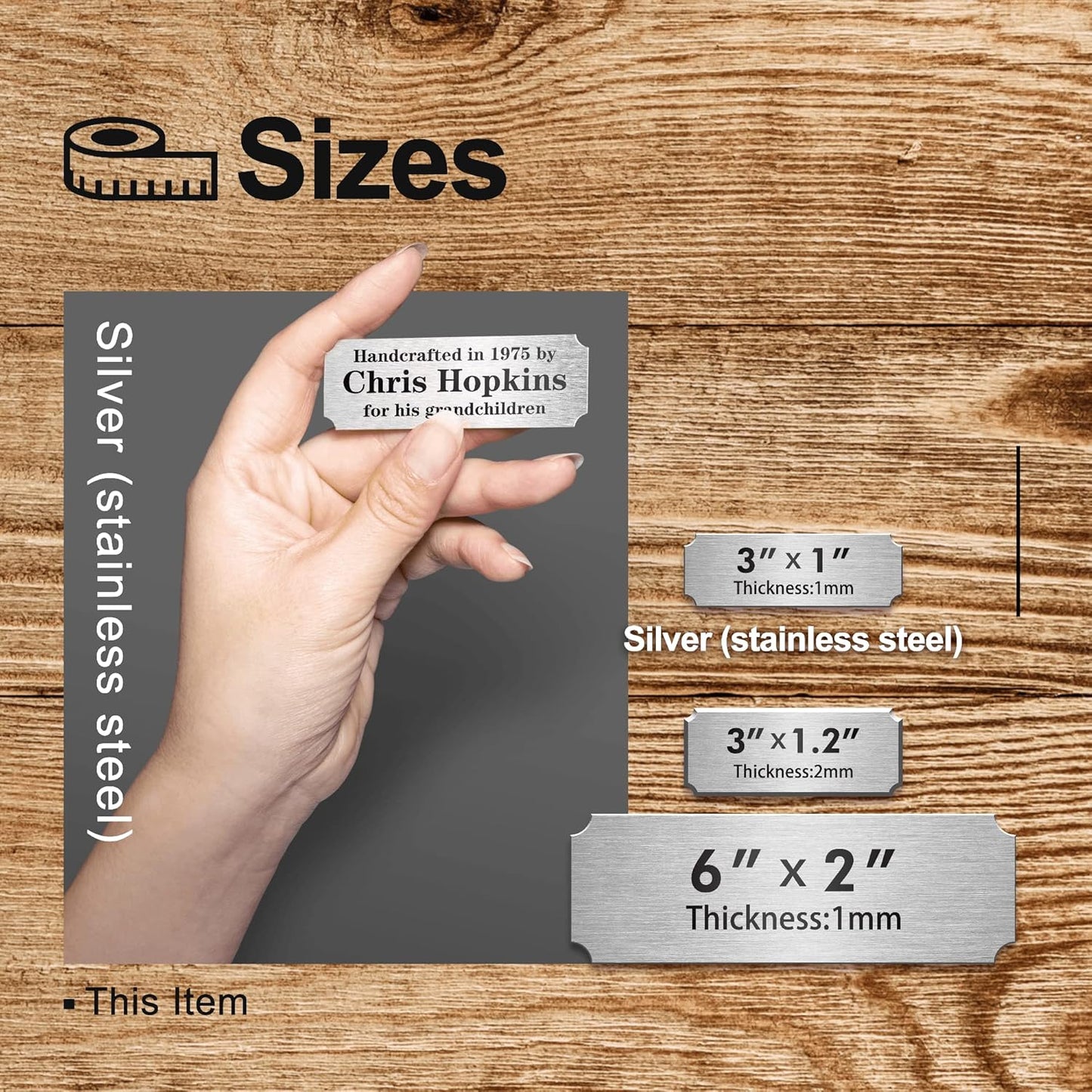 Caramel Sweet Life Personalized Name Plates, Silver Engraved Plaque, Stainless Steel Trophy Plates Engraved, Custom Name Plate with Adhesive Backing or Screws, 3" W x 1" H