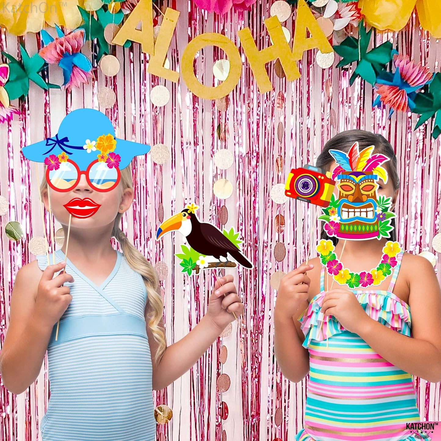 KatchOn, Tropical Hawaiian Photo Booth Props - Pack of 50, Luau Party Decorations | Luau Photo Booth Props for Hawaiian Party Decorations | Luau Photo Props, Aloha Party Decoration, Summer Party Décor