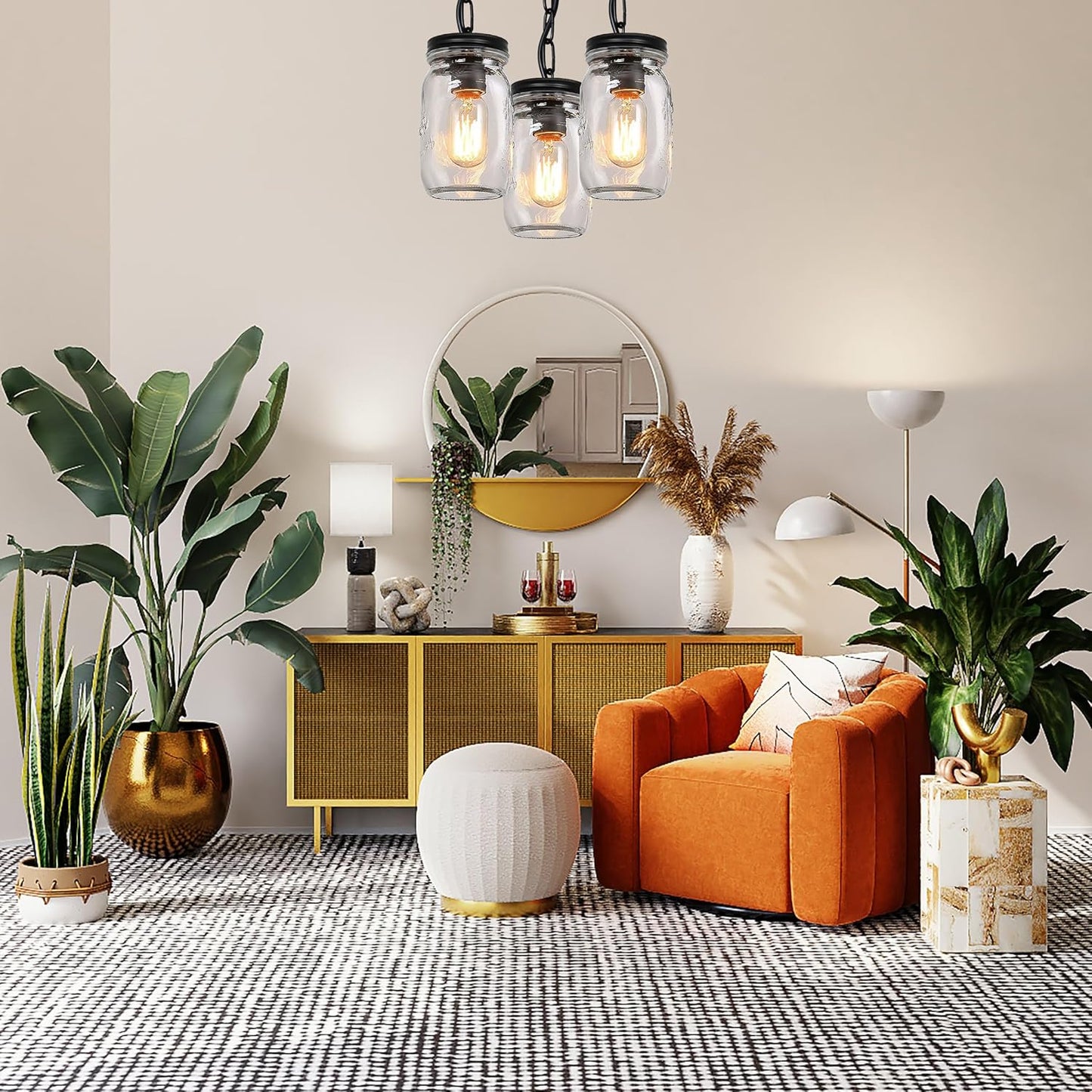 Glass Mason Jar Light Fixtures, 3-Lights Pendant Ceiling Lights Flush Mount - Black Country Farmhouse Lights for Kitchen Dining Room Foyer Stairway Hallway Entryway Porch