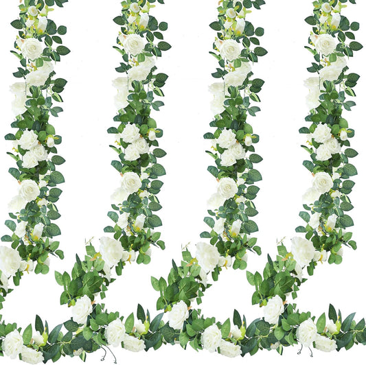 Sggvecsy 4Pcs 31Ft Artificial Rose Vine Fake Flower Garland Floral Garland Faux Silk Hanging Vine Rose Ivy Vines for Wedding Arch Party Wall Garden Ceremony Background Outdoor Decor (White)